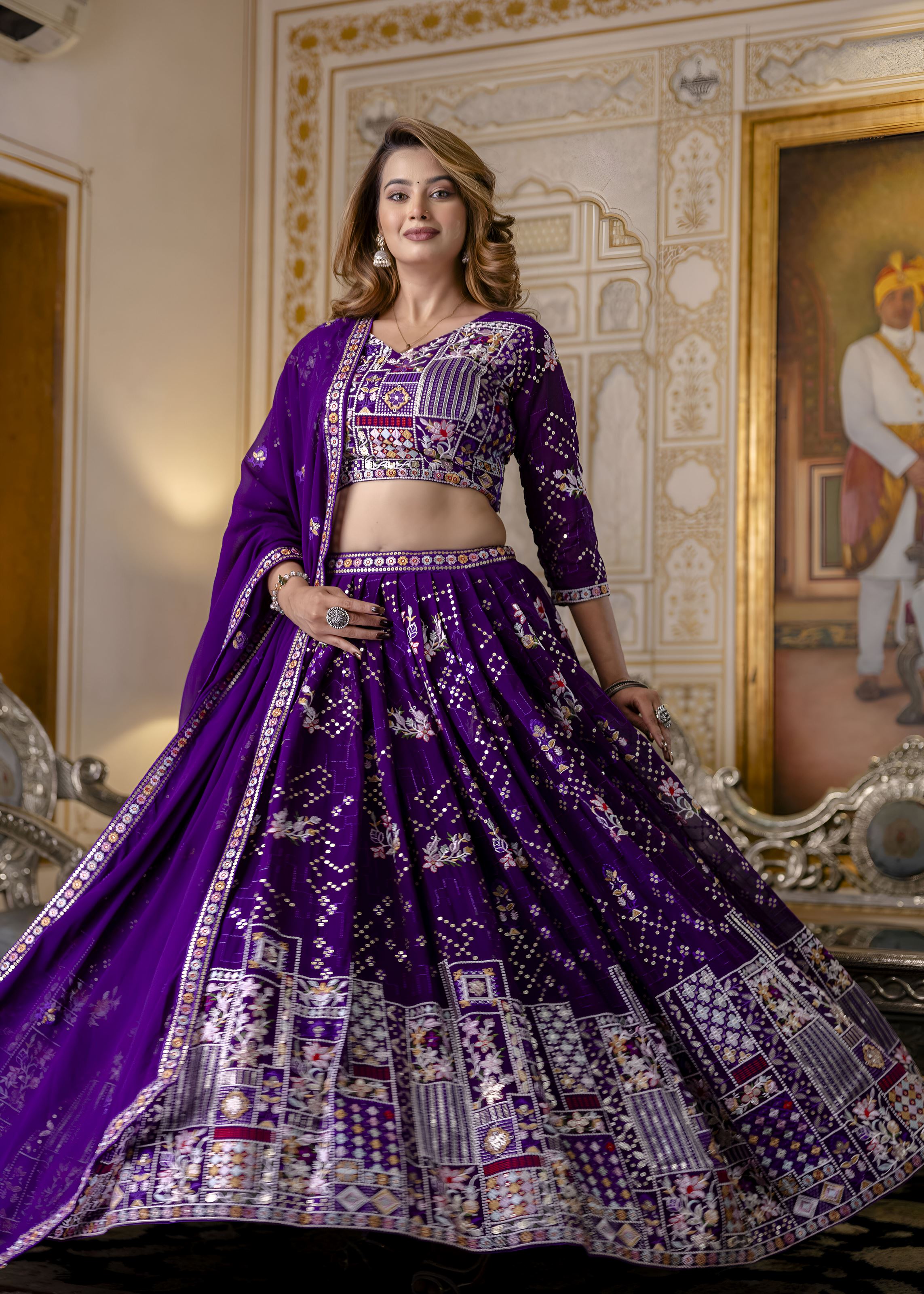 Purple Lehenga Choli with Heavy Embroidery, Sequence work