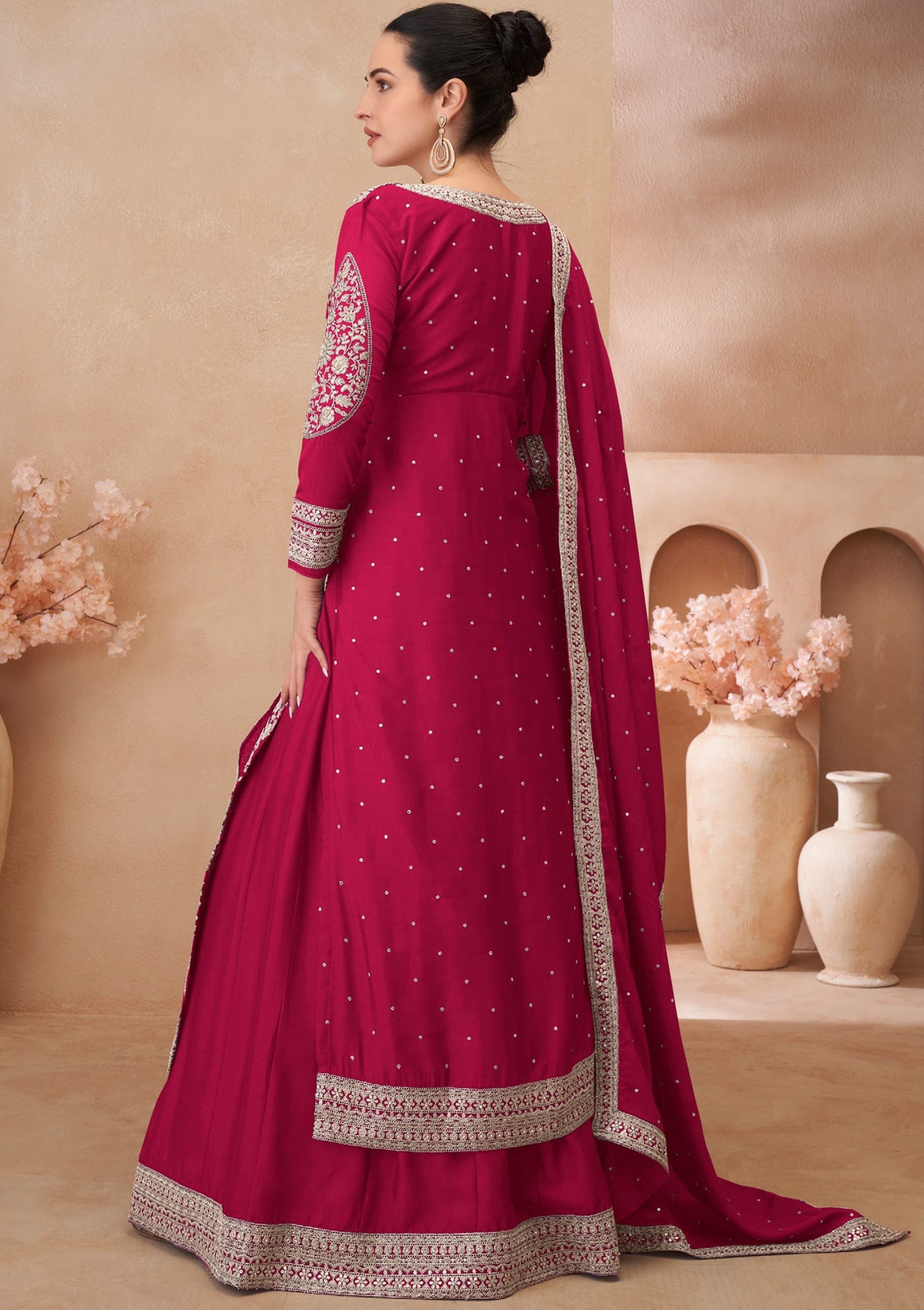 Rani Pink Top-Lehenga With Embroidery With Sequins Work (Free Size Stitched Upto 42)