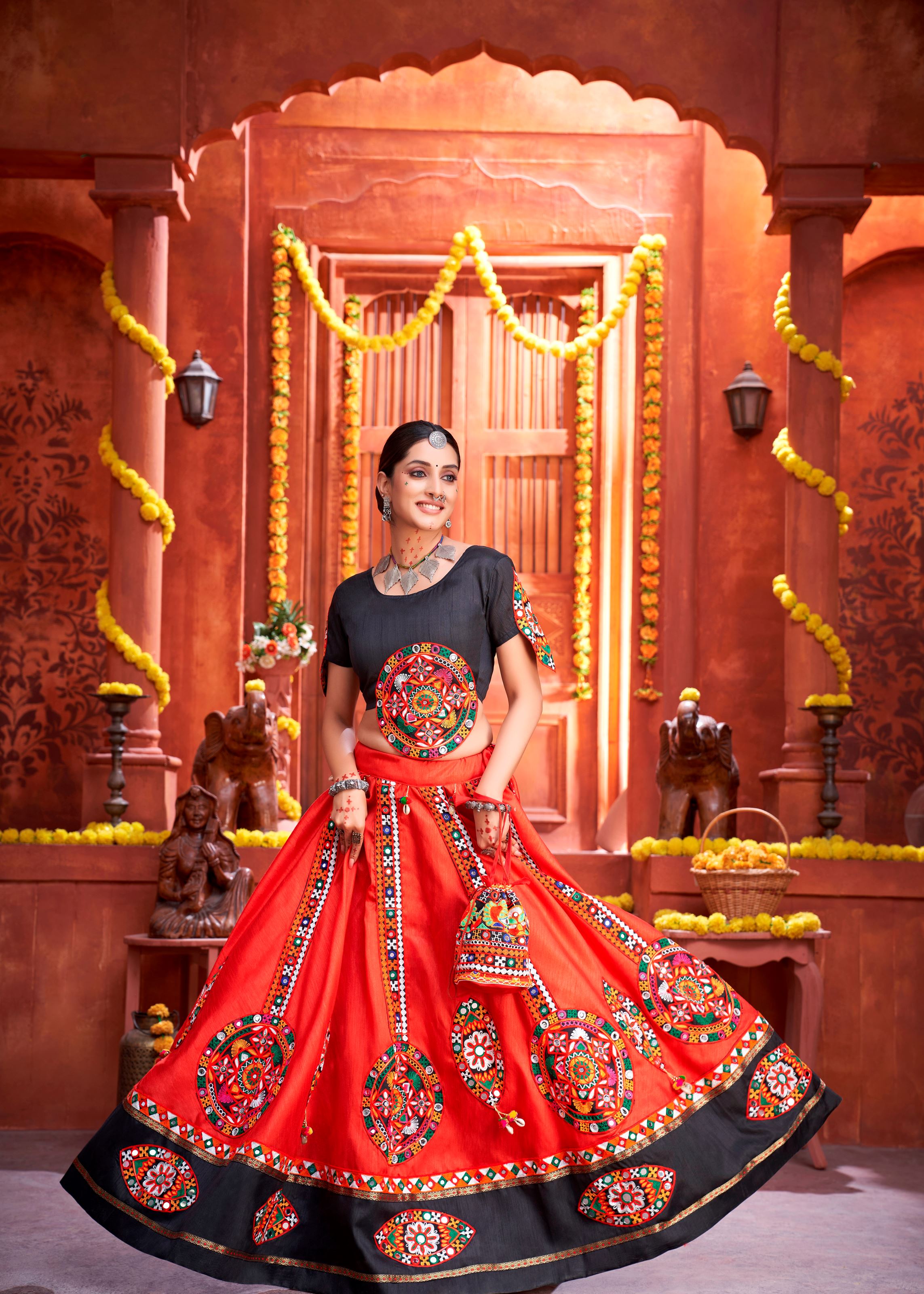 Red And Black Navratri Chaniya Choli With Gamthi Work Butta And Lace With Mirror Hand Work
