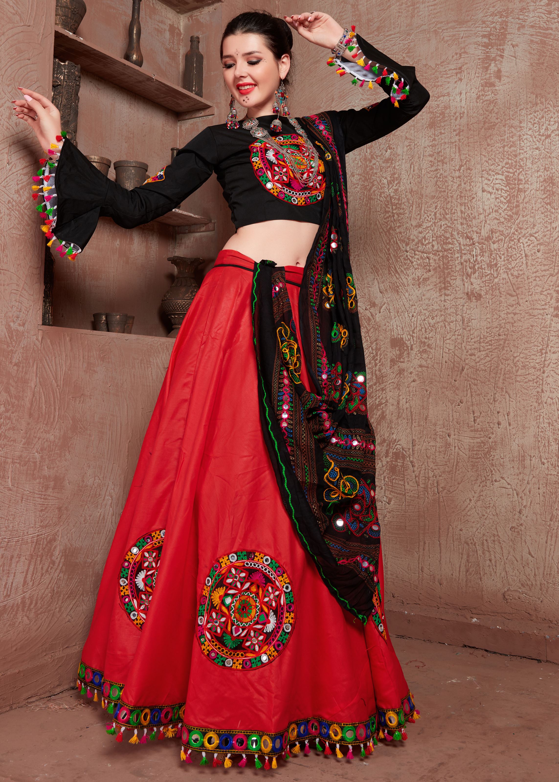 Red And Black Navratri Chaniya Choli With Gamthi Work Butta And Tassels Lace