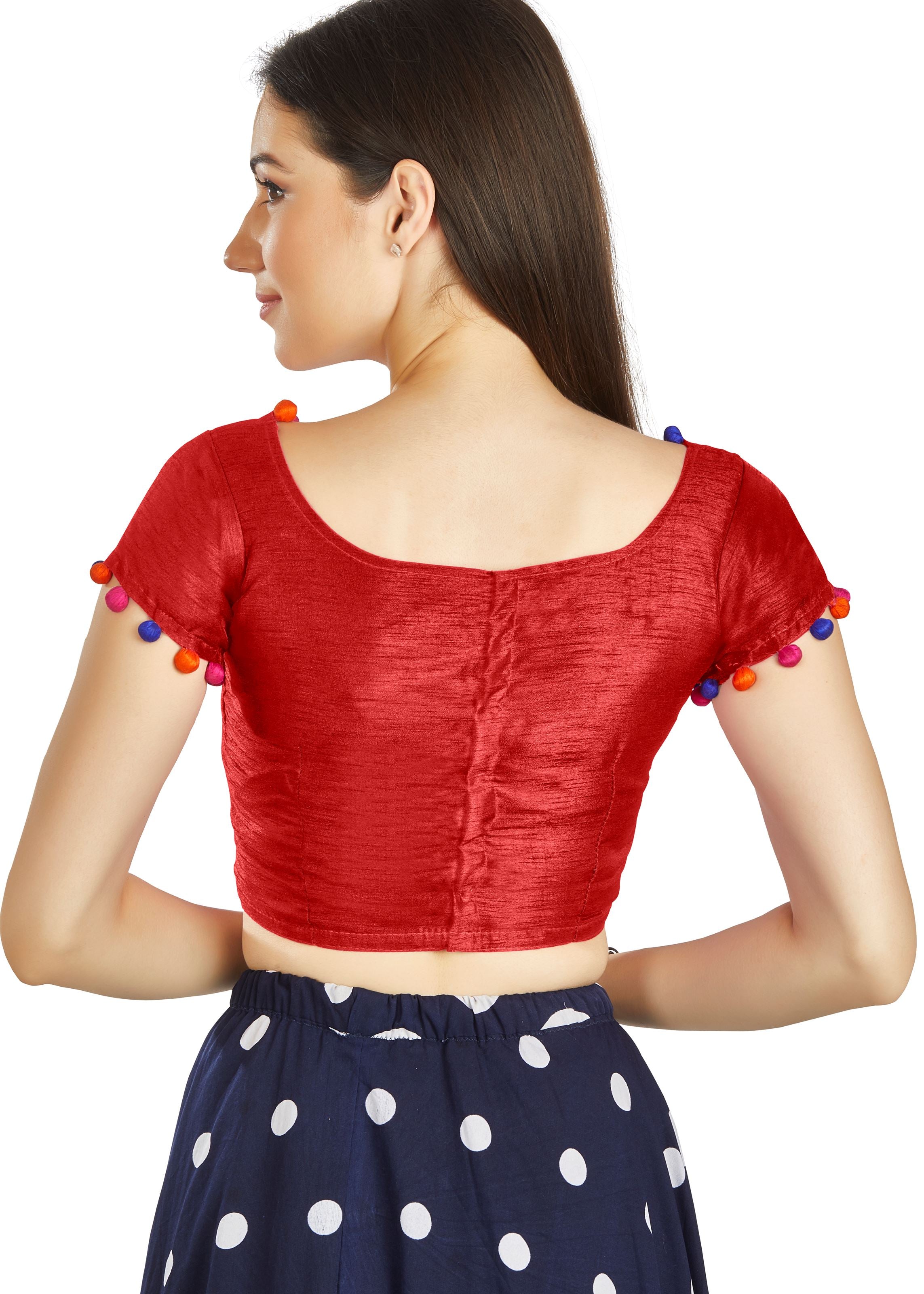 Red Art Silk Boat Neck Blouse With Potli Design In Neck Or Sleeve