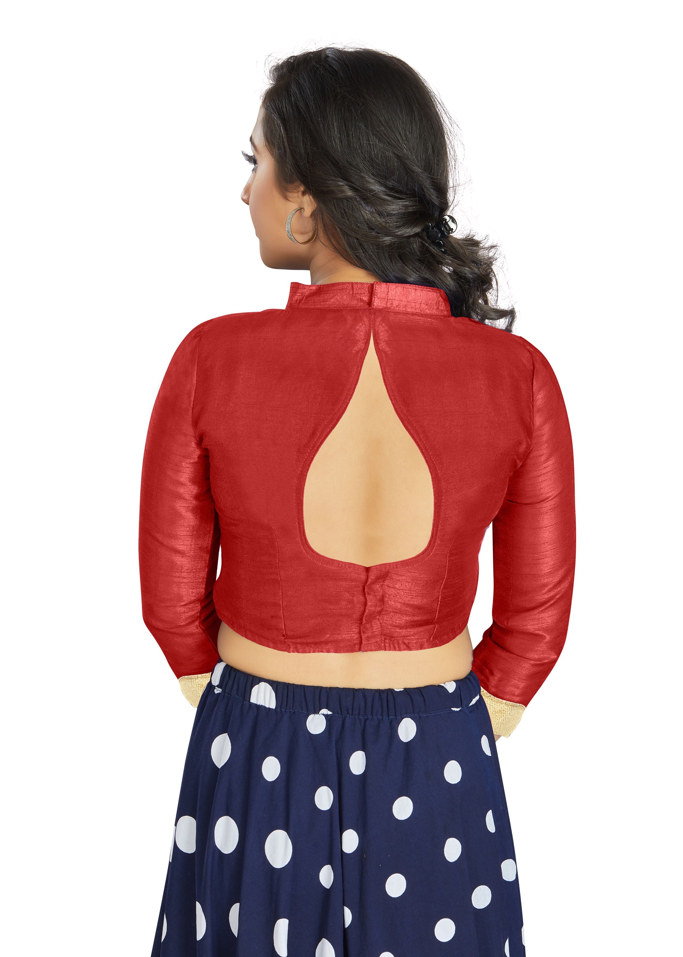 Red Art Silk V Neck Chinese Collar Blouse With Matty In Sleeve