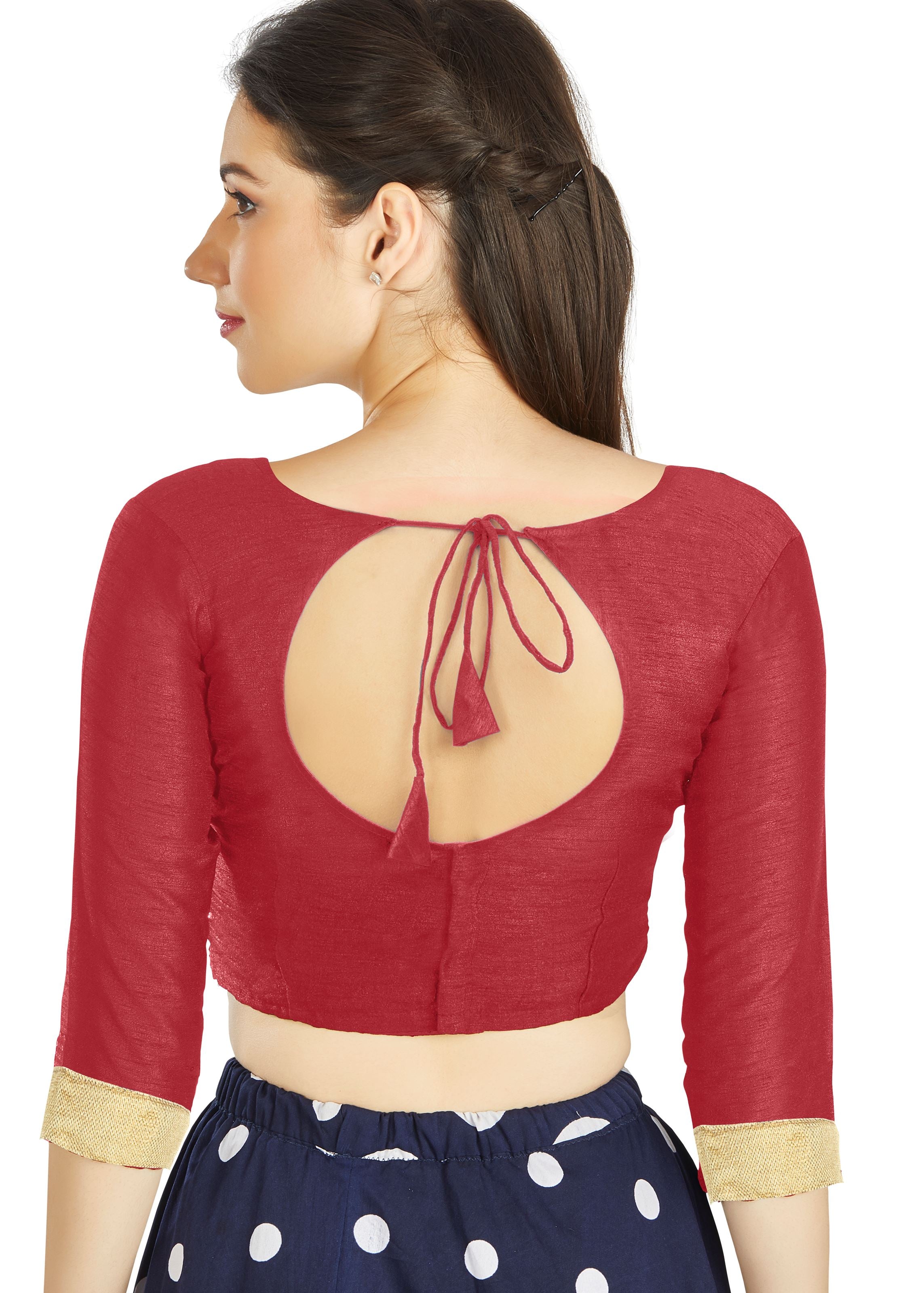 Red Art silk U Neck Blouse With Matty Work In Sleeve