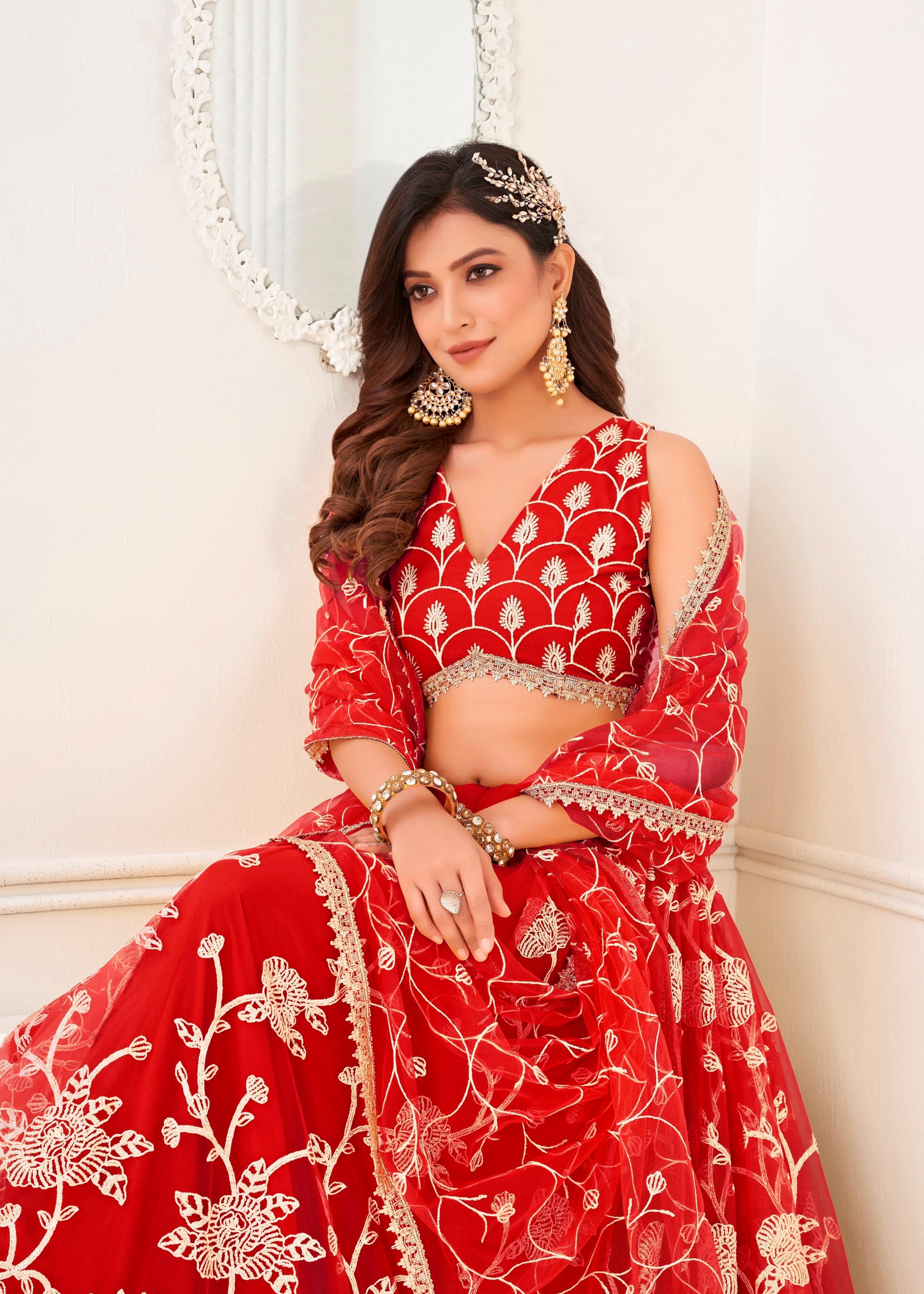 Red Butterfly Net Lehenga Choli With Embroidery And Sequins Work