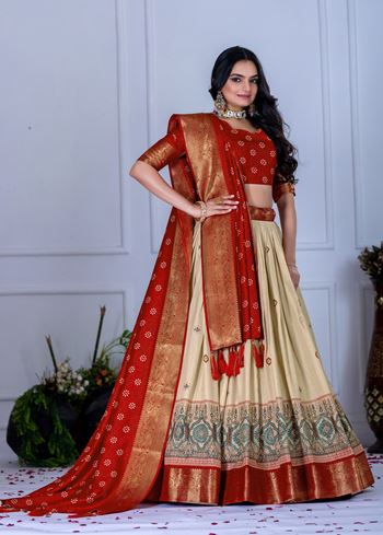 Beige Lehenga Choli With Jacquard With Jari Lining With Print