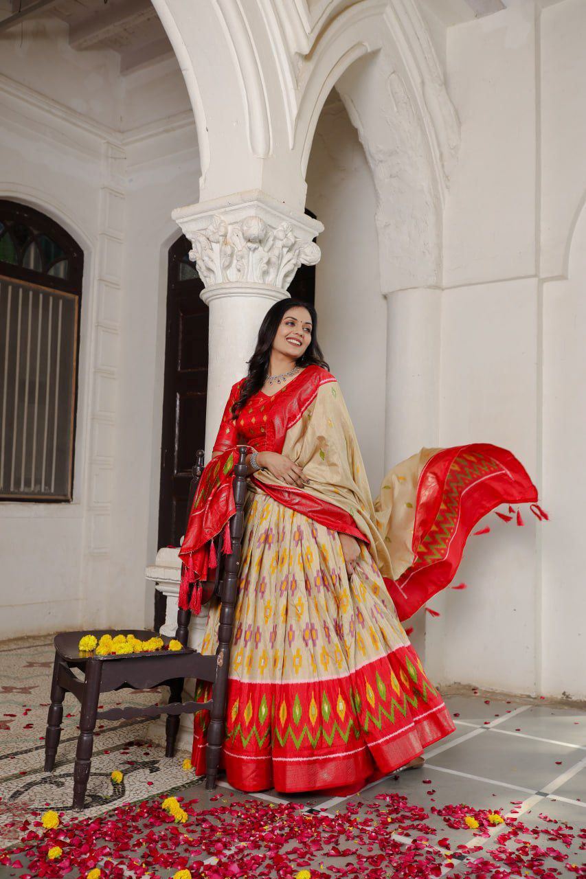 Red Lehenga Choli With Patola Print and Foil Work Belt
