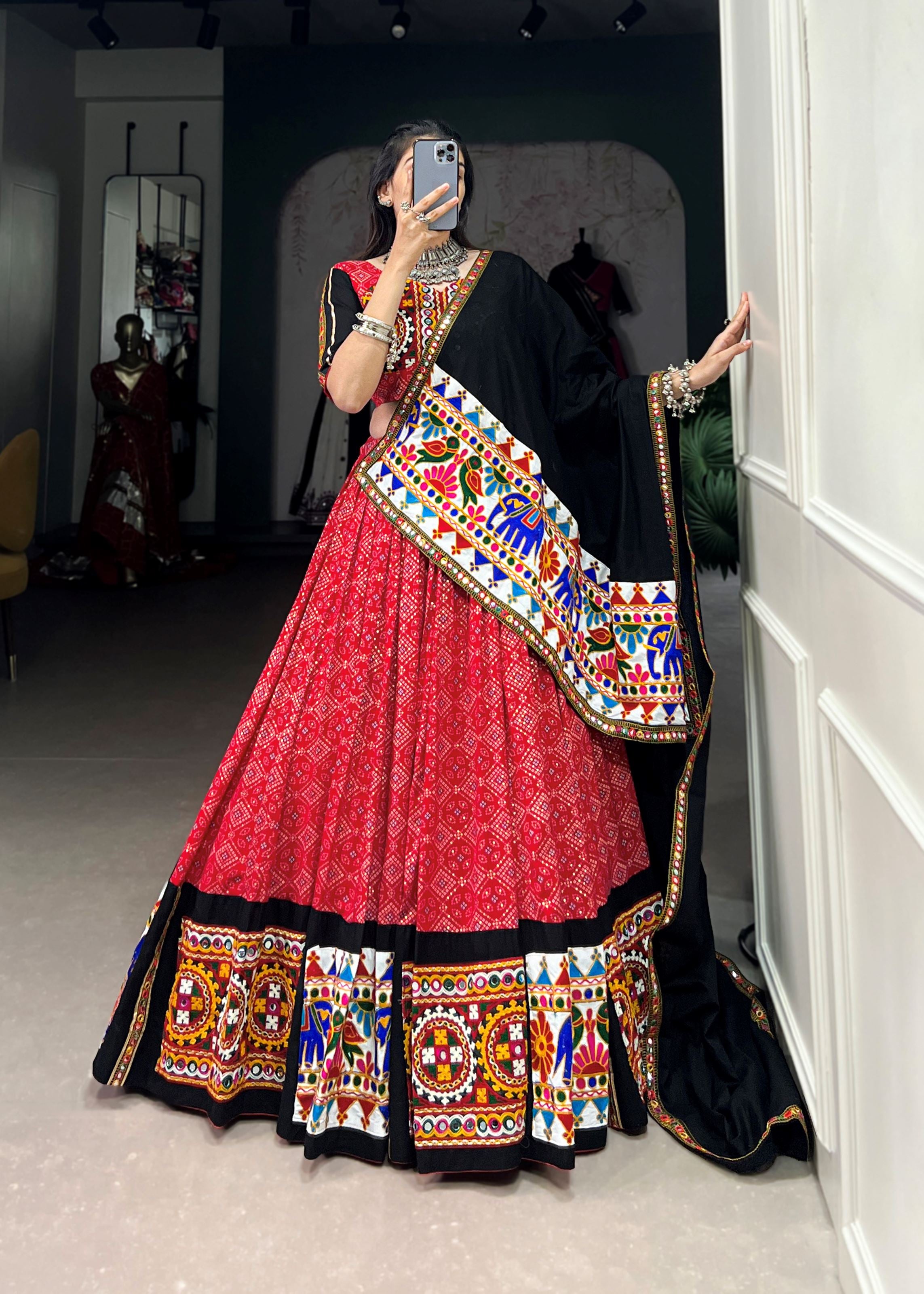 Red Printed Gamthi Mirror Work Lehenga Choli