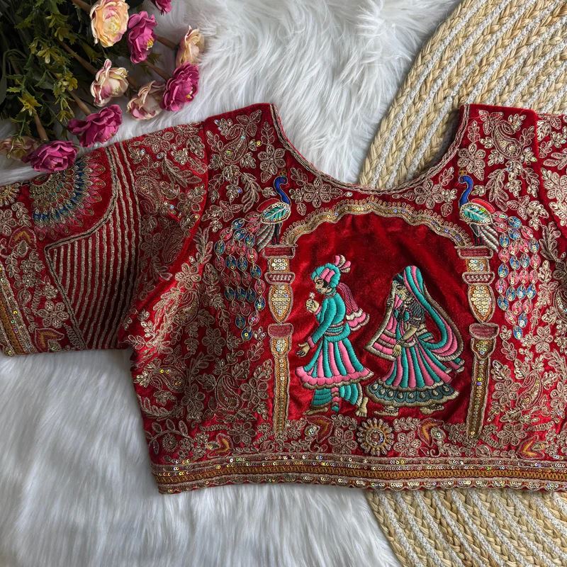 Red Royal Rajwadi Velvet Wedding Blouse with Dulha Dulhan Embroidery