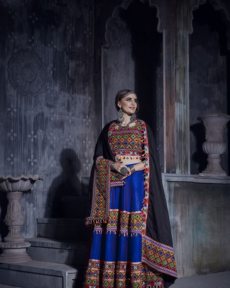 Royal Blue And Black Navratri Chaniya Choli With Gamthi Lace Work With Mirror Work