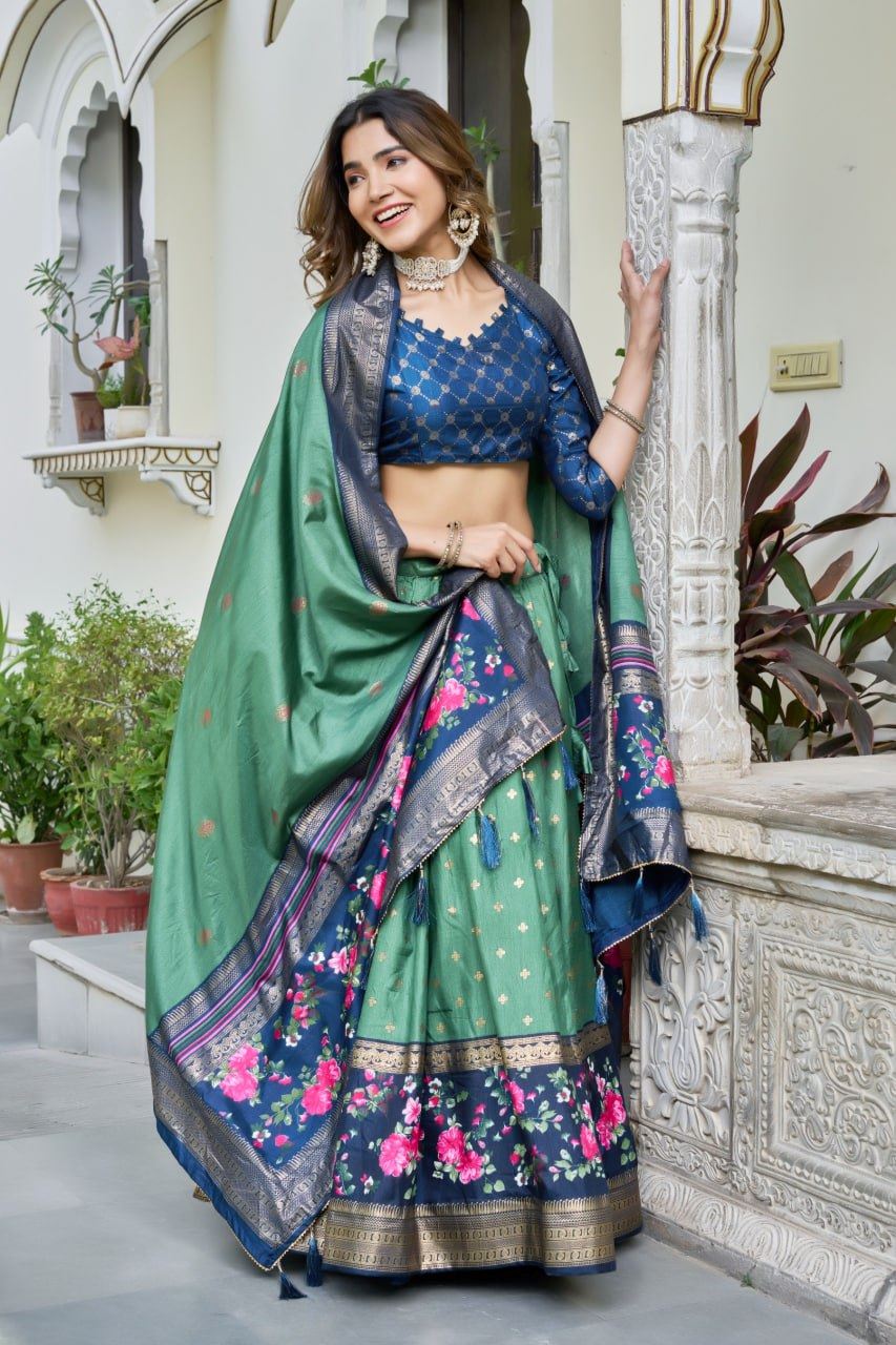 Seagreen Lehenga Choli With Bandhej and Ajrakh Print