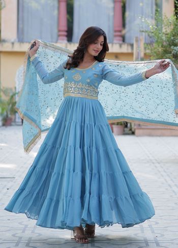 Sky Anarkali With Heavy Embroidered work
