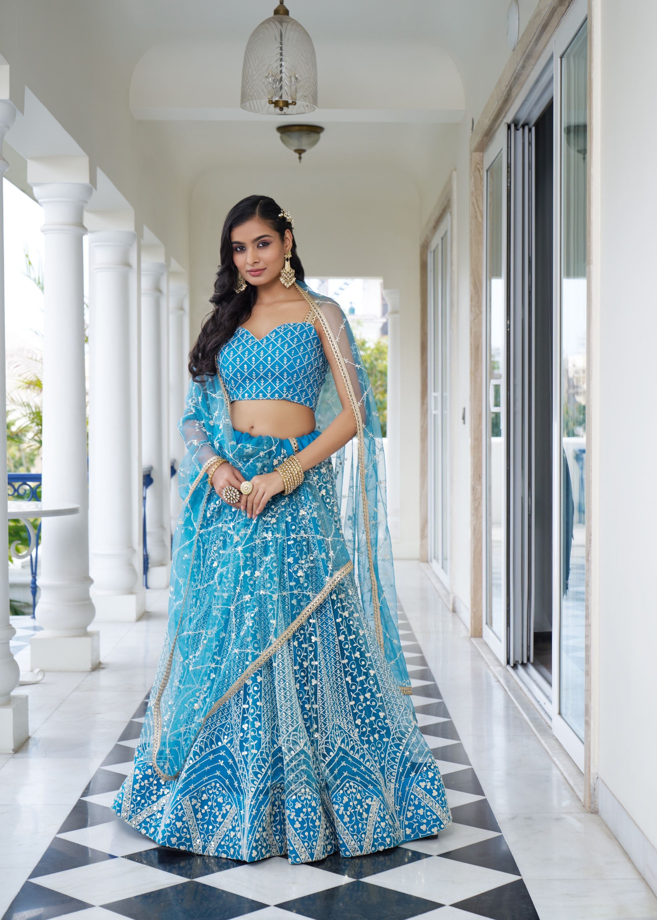 Sky Blue Net Lehenga Choli With Thread Embroidery Work