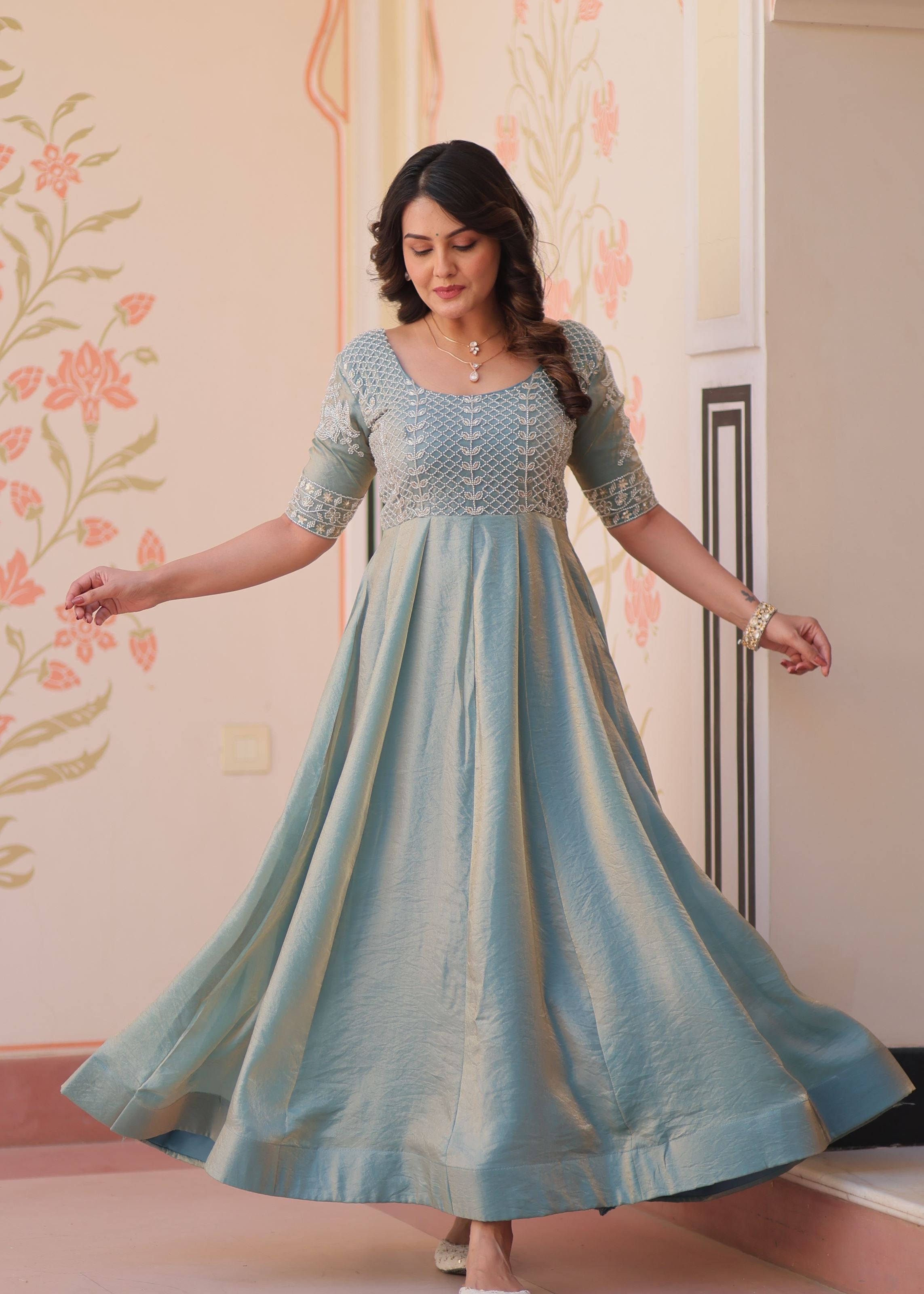 Sky Fendy Silk Gown With Beads Embroidered Work