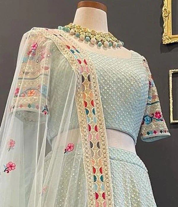 Sky Lehenga Choli With Thread and Sequence Embroidery Work