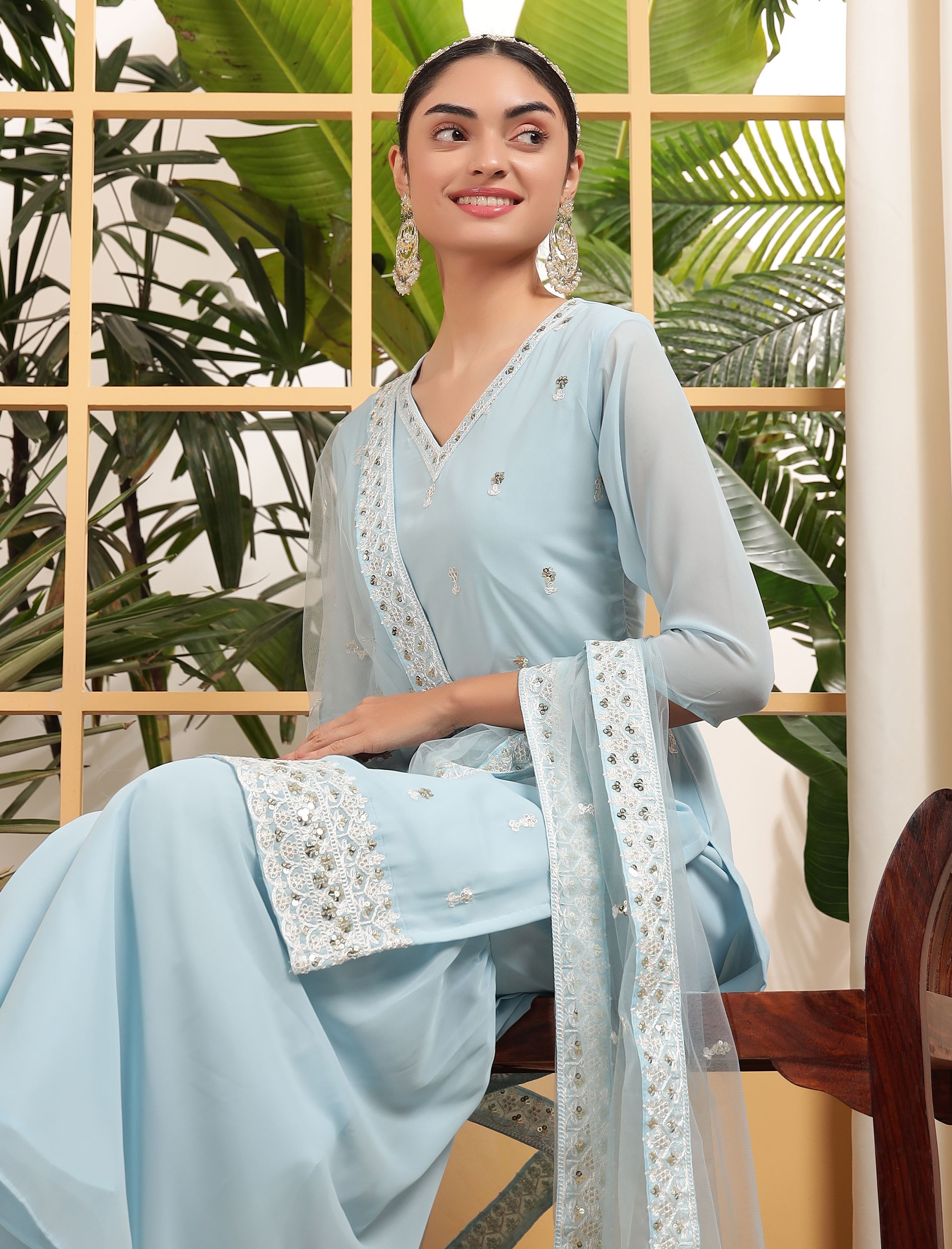 Sky Sharara Dress With Sequence Embroidered
