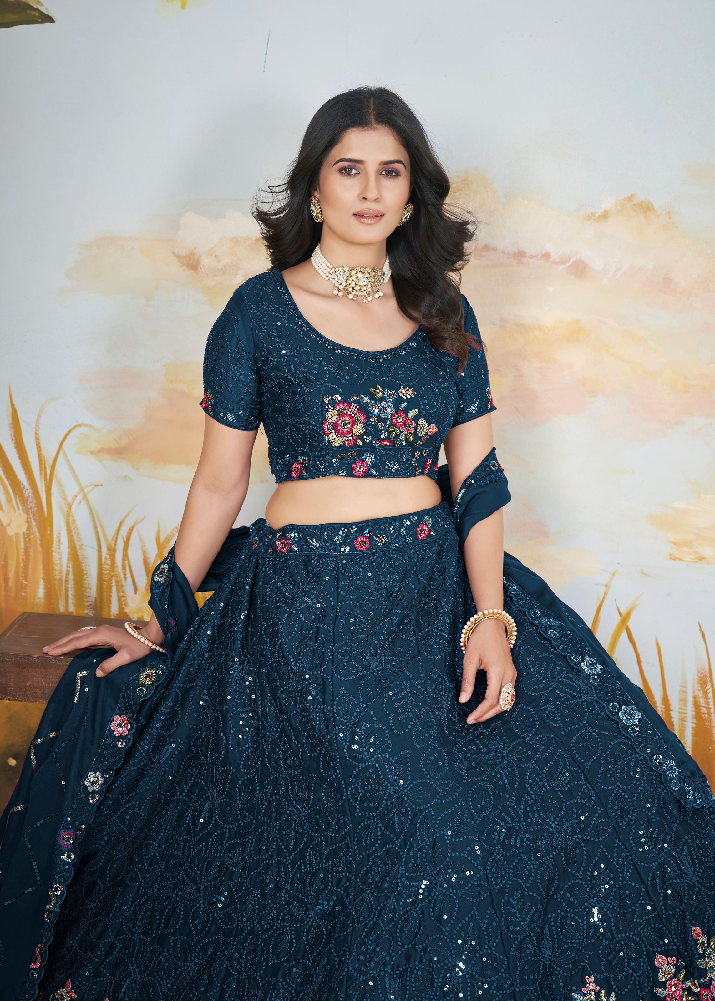 Teal Chinnon Lehenga with Floral Design and Sequin Detailing