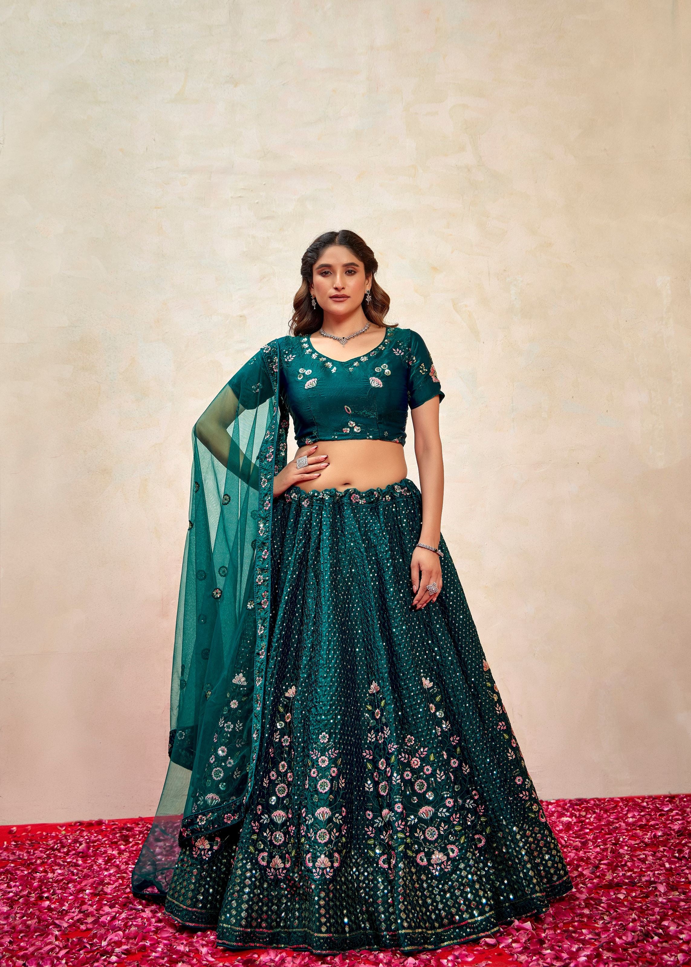 Teal Green Silk Lehenga with Bold Sequin Embroidery