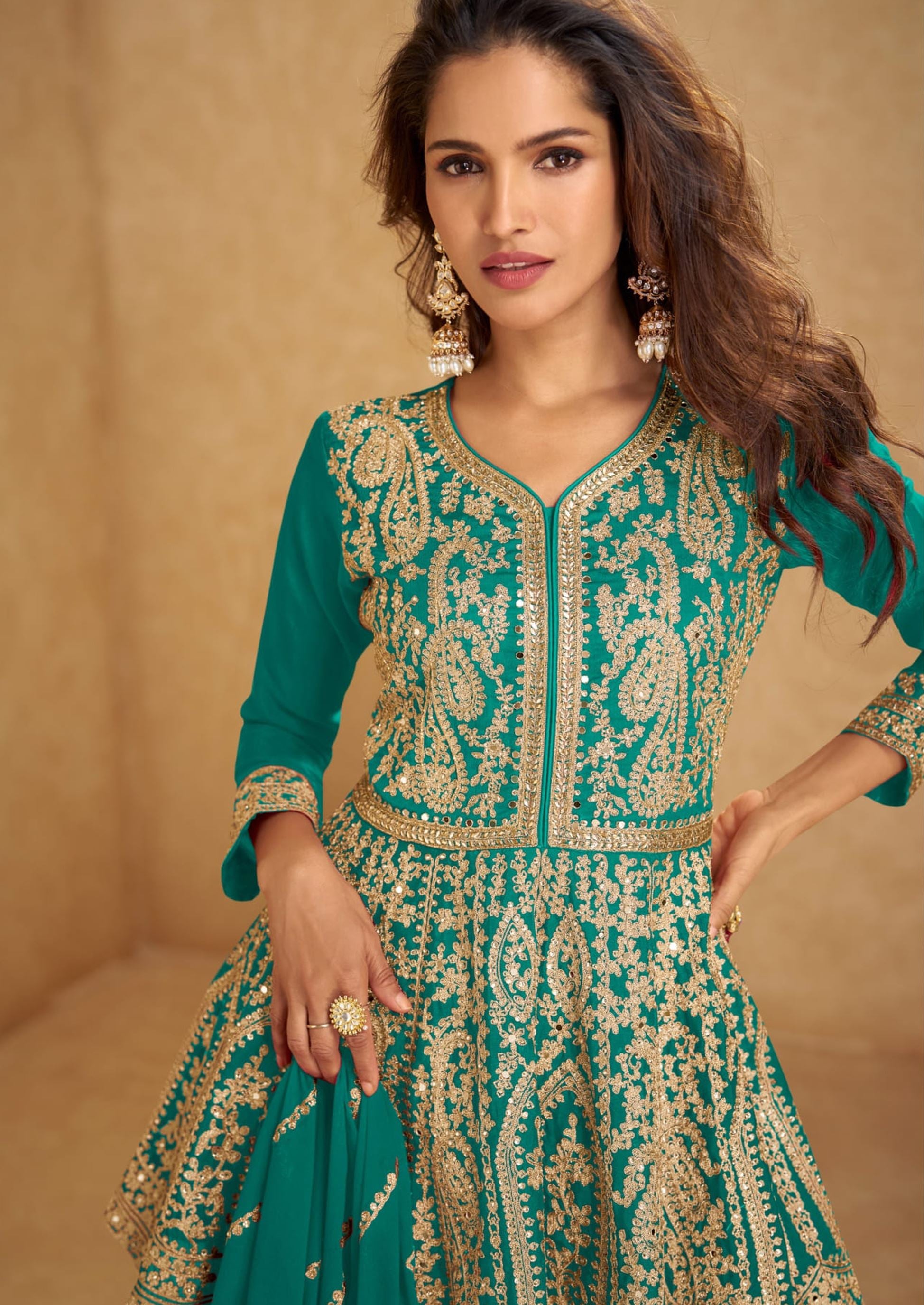 Teal Green Top-Lehenga With Embroidery, Khatli, Mirror and Hand Work (Free Size Stitched Upto 42)