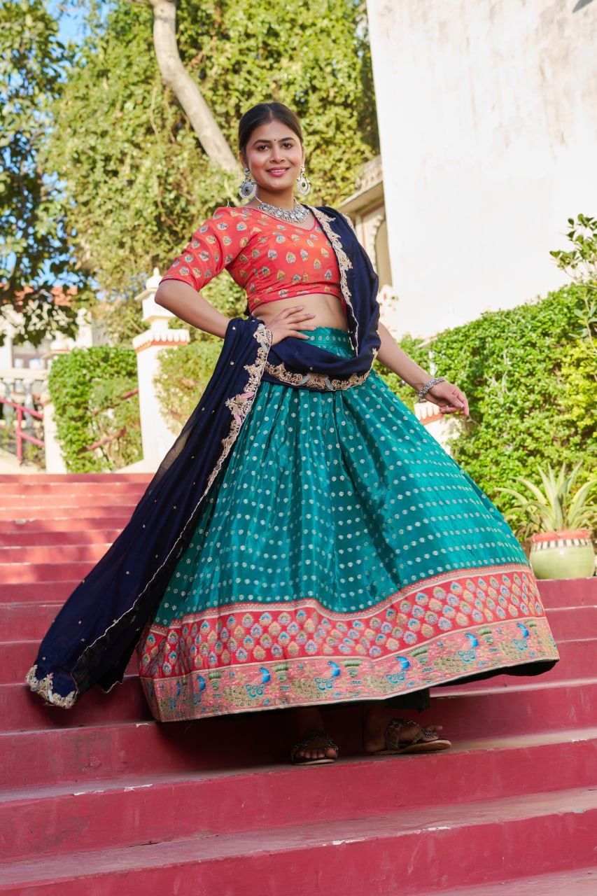 Tealblue Lehenga Choli With Viscose Position Print With Jacquard Touch Up