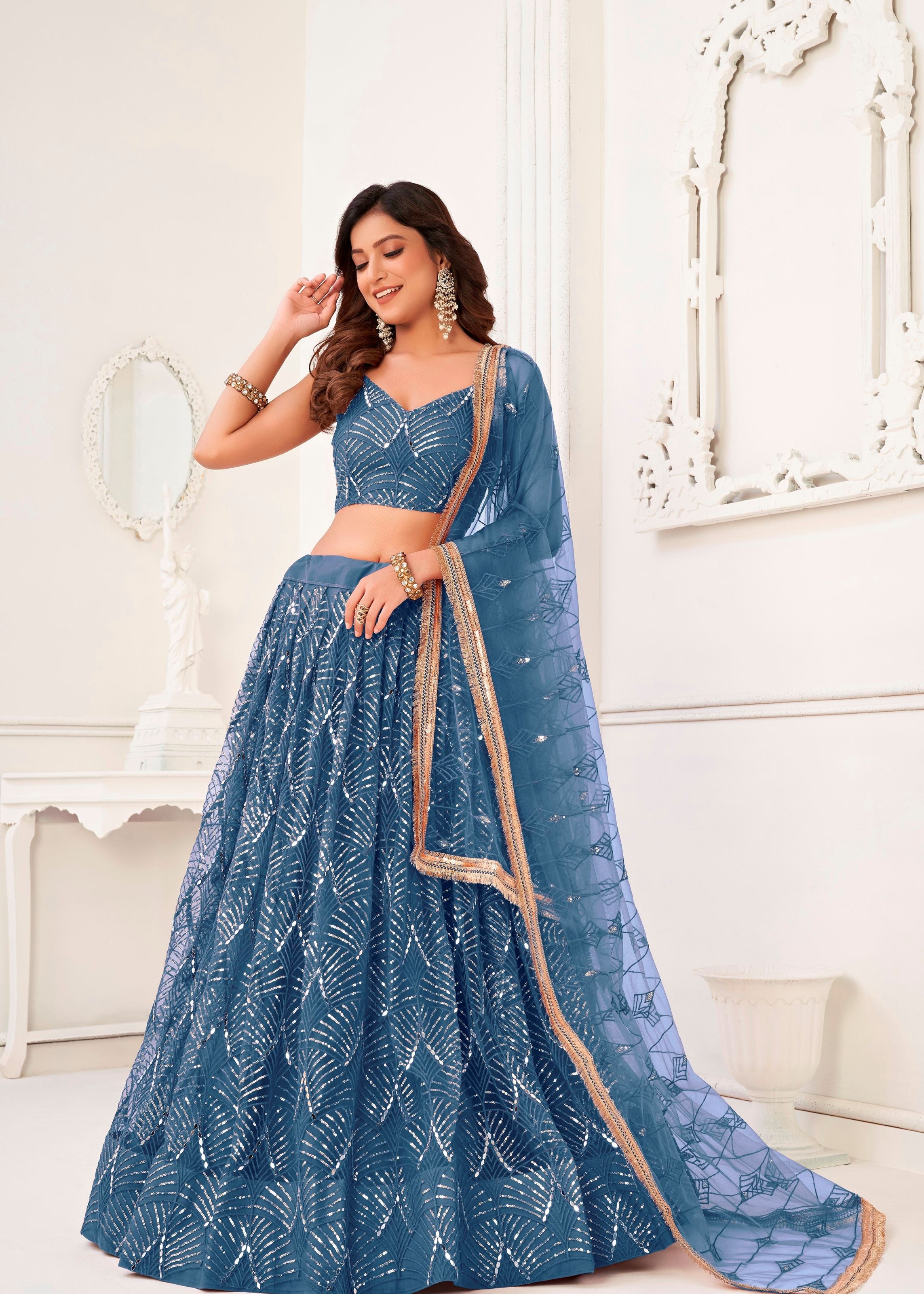 Turquoise Net Lehenga Choli With Thread Embroidery Real Mirror Work