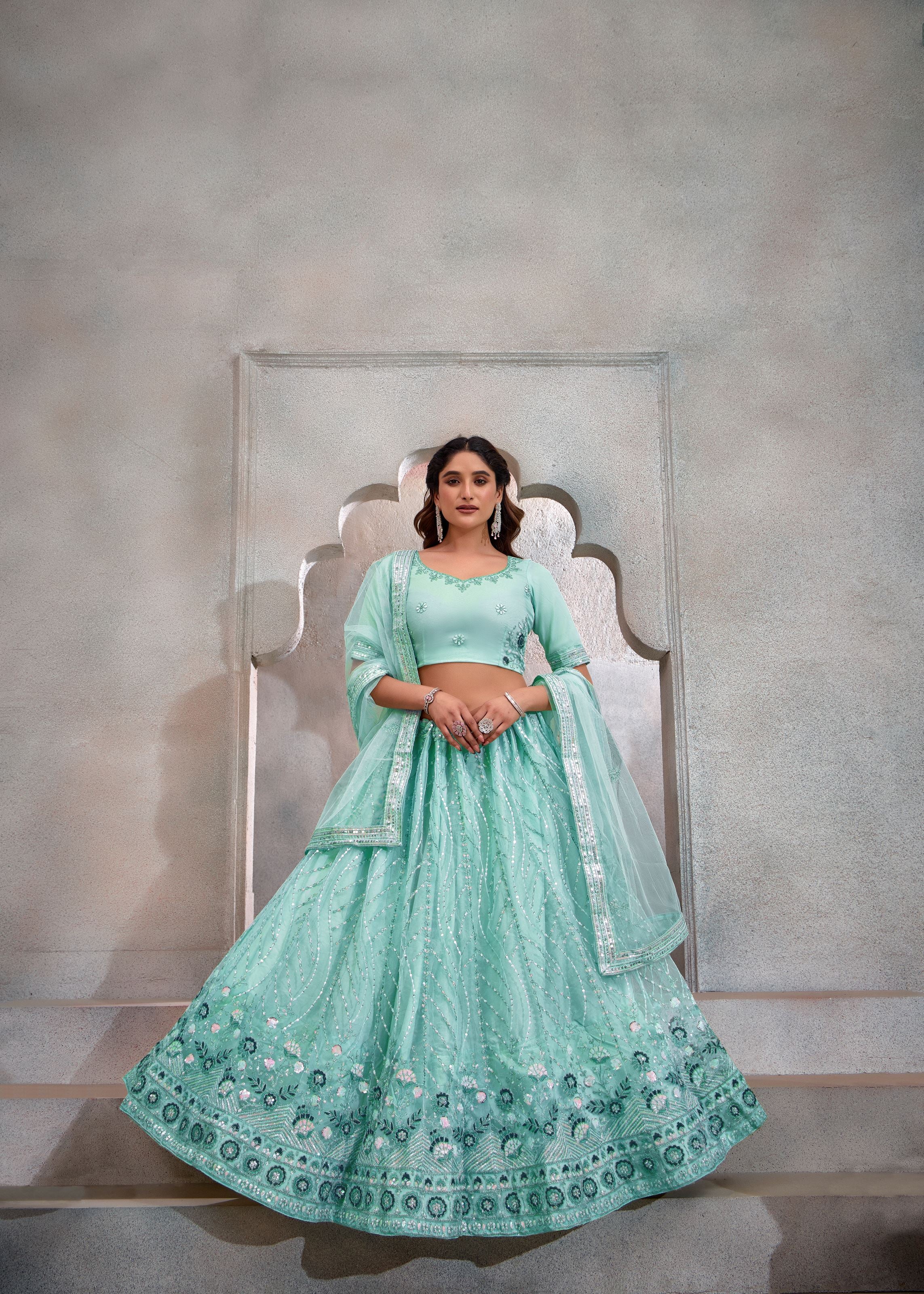 Turquoise Net Lehenga with Sequin Handwork