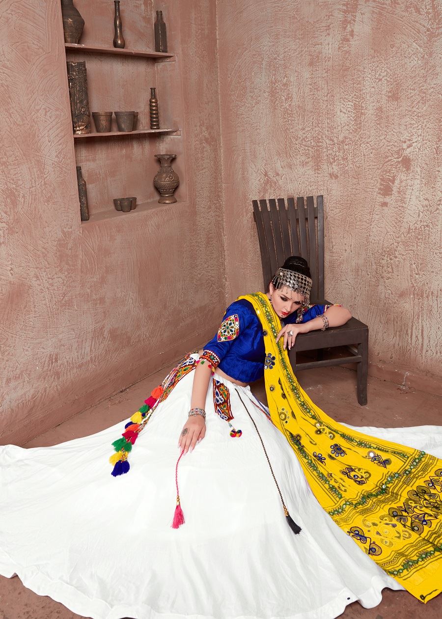 White And Blue Navratri Chaniya Choli With Gamthi Work Butta And Tassels Lace