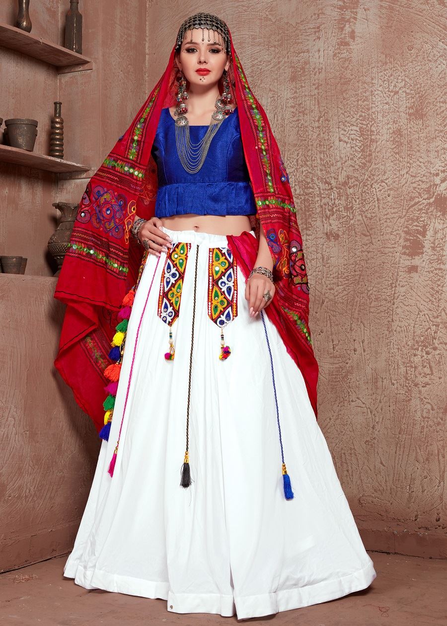 White And Blue Navratri Chaniya Choli With Gamthi Work Butta And Tassels Lace