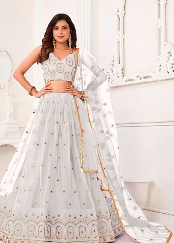 White Butterfly Net Lehenga Choli With Thread And Zari Sandwich Sequence Embroidery Work