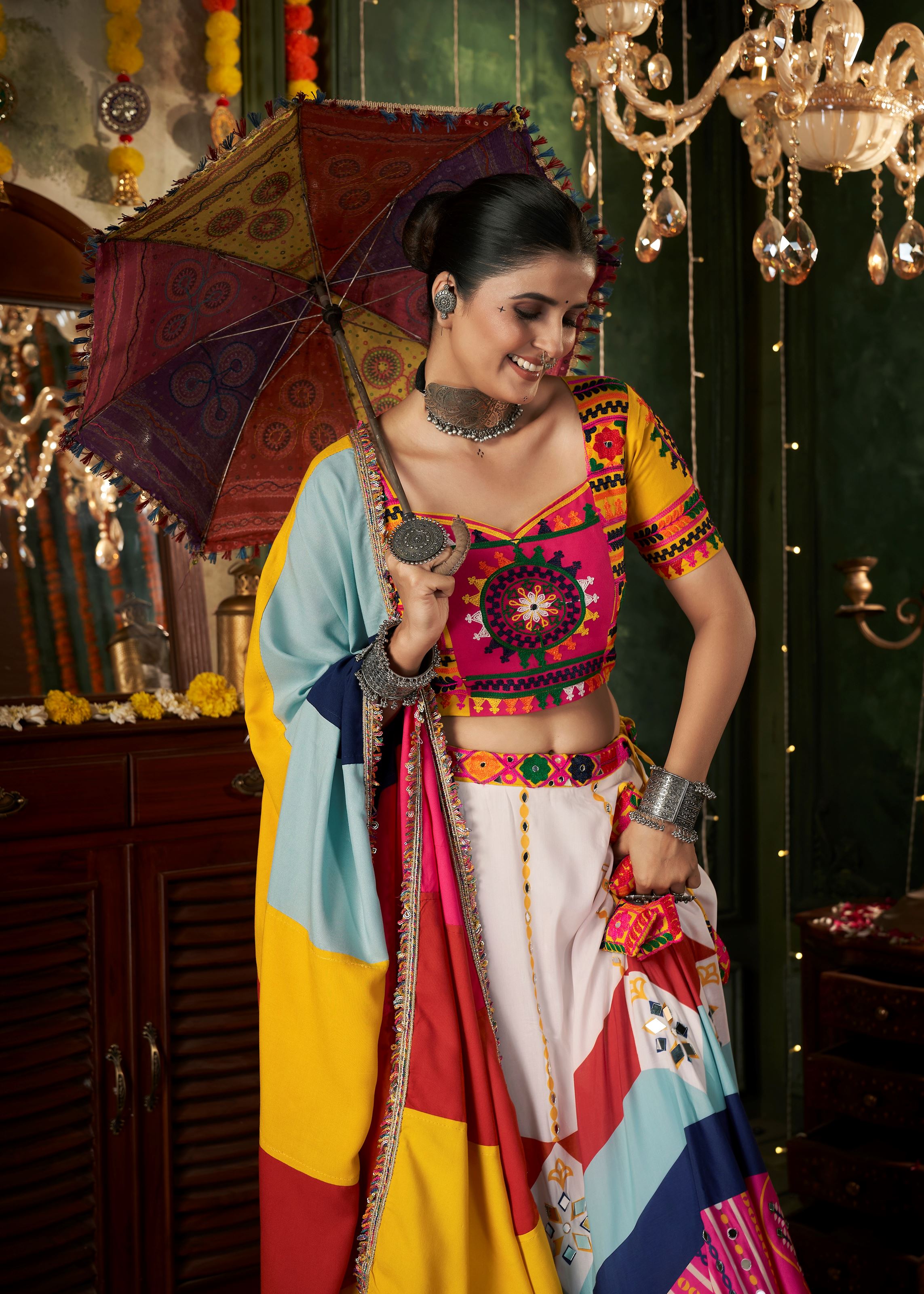 White Navratri Lehenga Choli With Printed