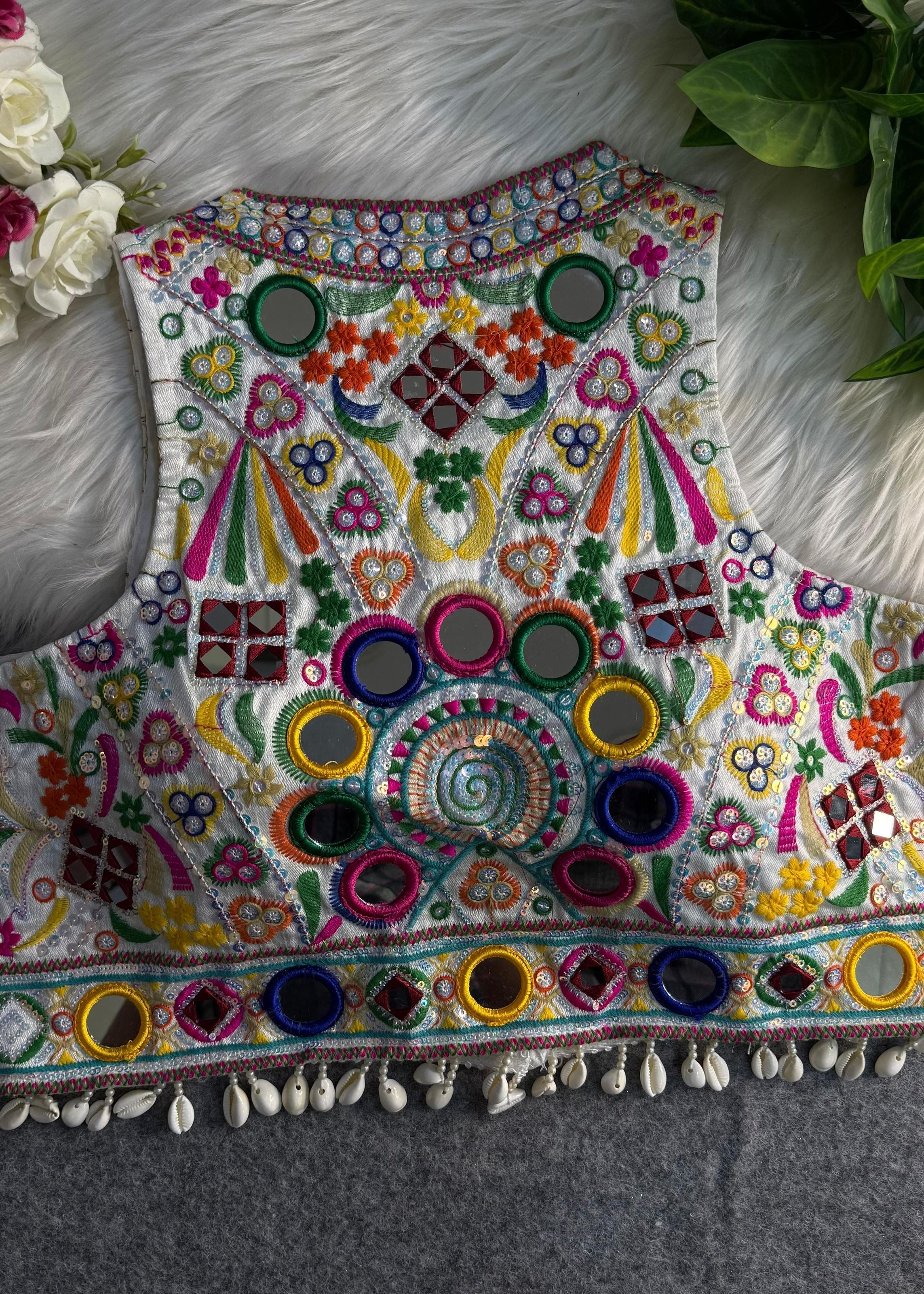 White Round Neck Navratri Blouse with GamthiMirror Shell Work