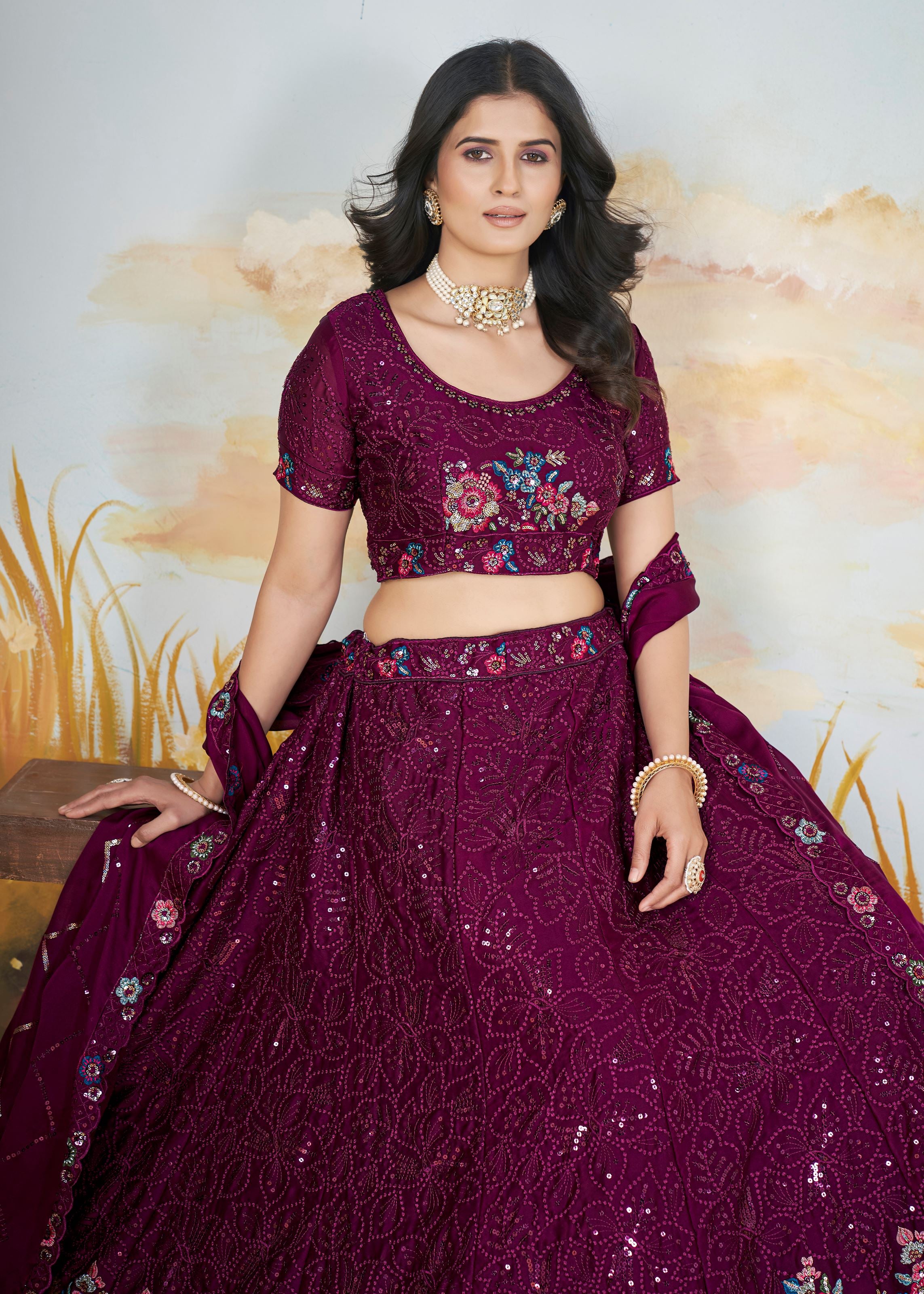 Wine Chinnon Lehenga with Floral Pattern Sequin Work