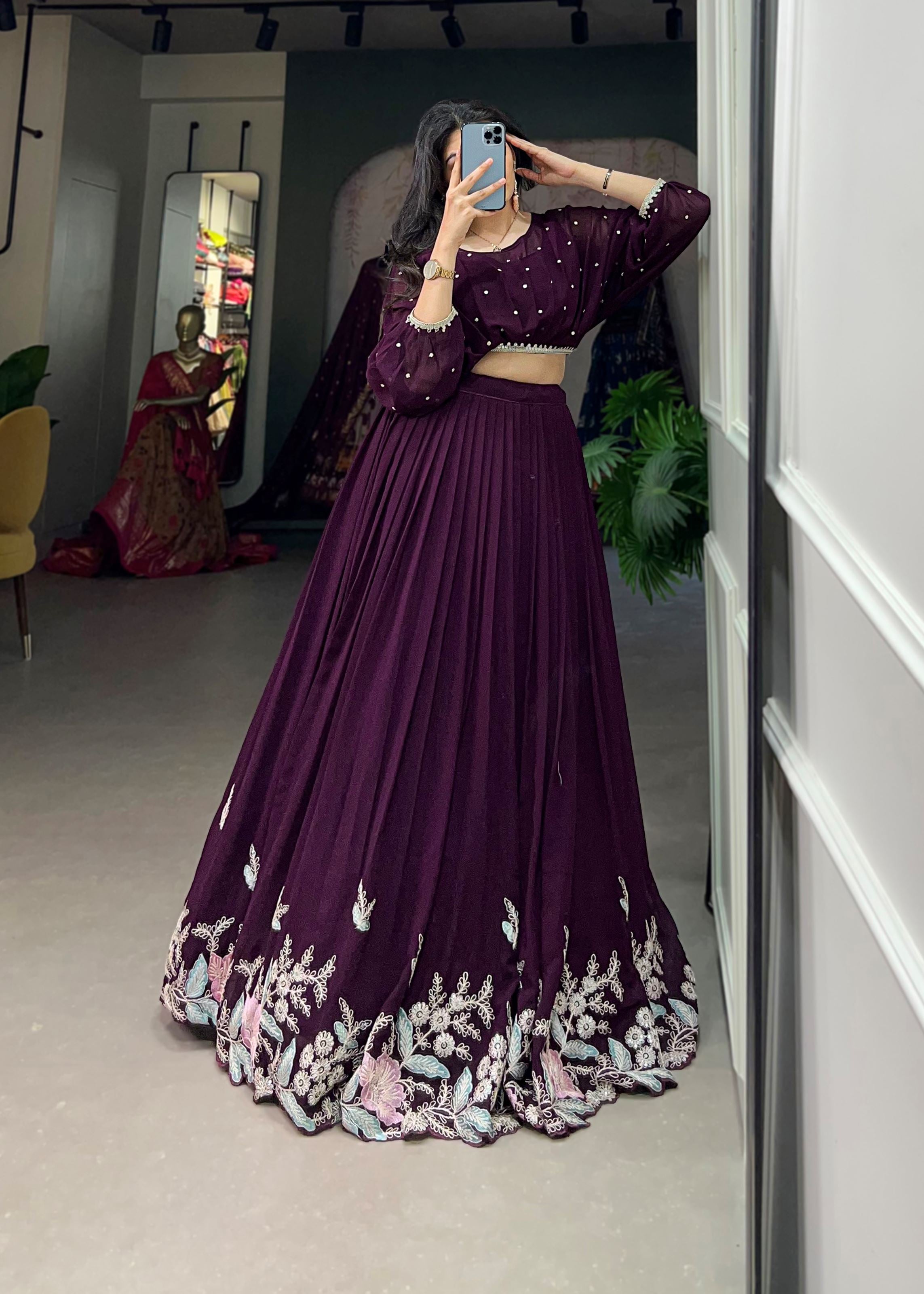 Wine Georgette Lehenga with Sequin and Thread Detailing Light Elegant