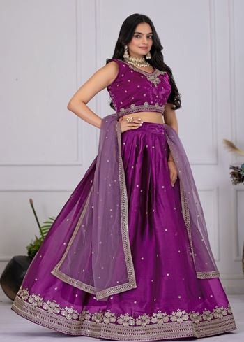 Wine Lehenga Choli With Embroidery With Zari Thread Sequence Work