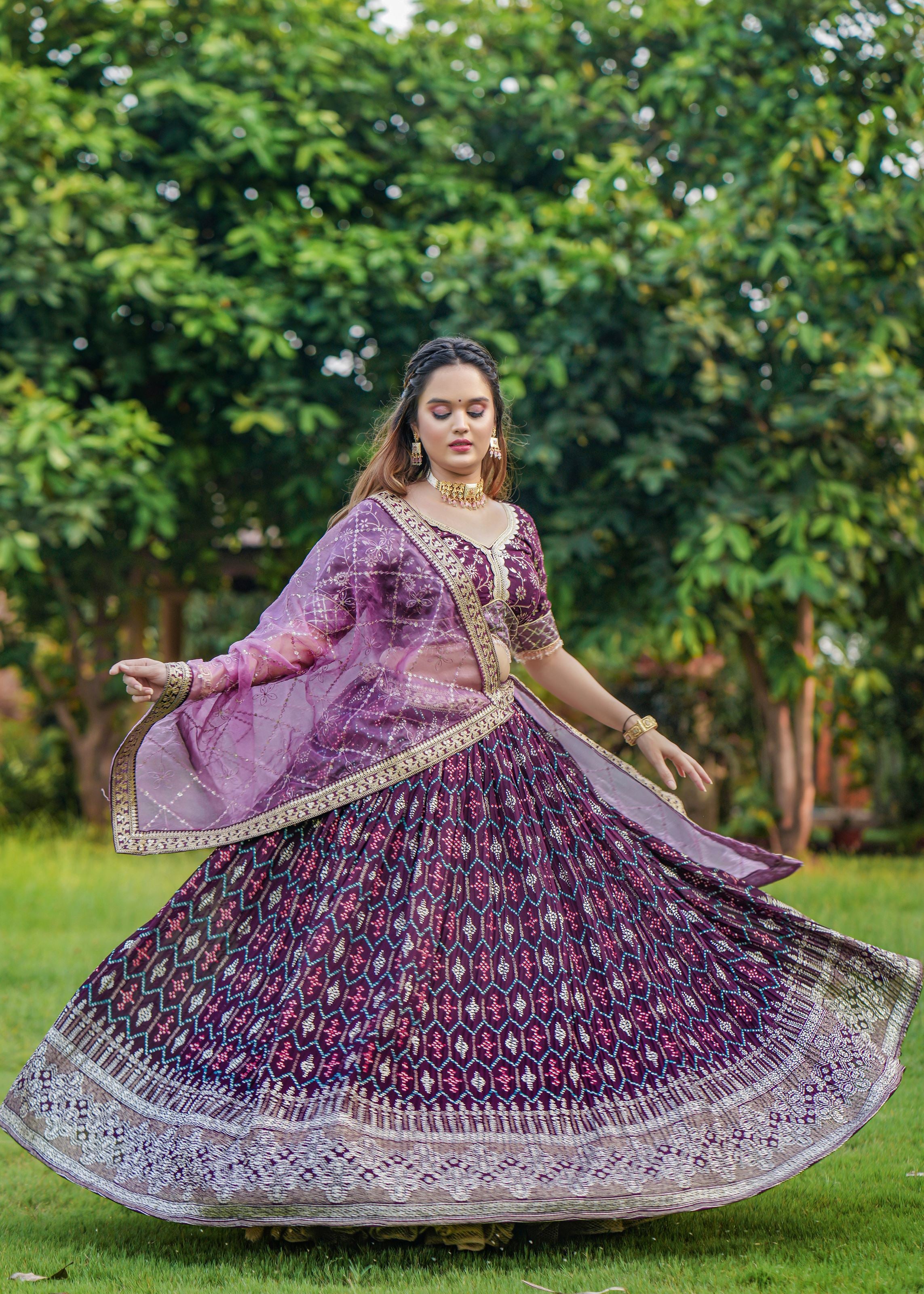Wine Lehenga Choli With Heavy Foil Print Embroidery Work Belt