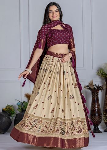 Wine Lehenga Choli With Jacquard With Jari Lining With Print