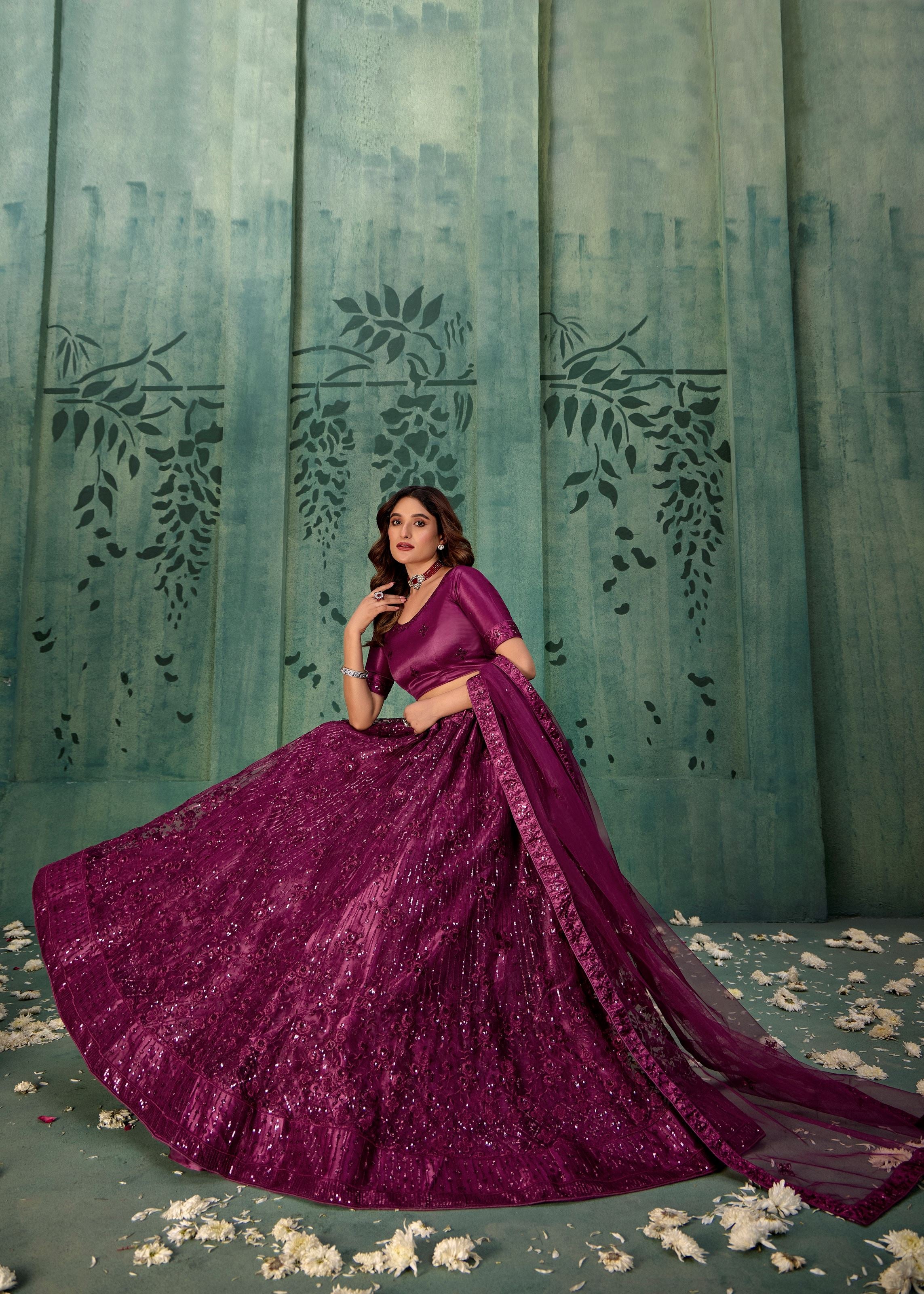 Wine Net Lehenga with Elegant Sequin Embroidery