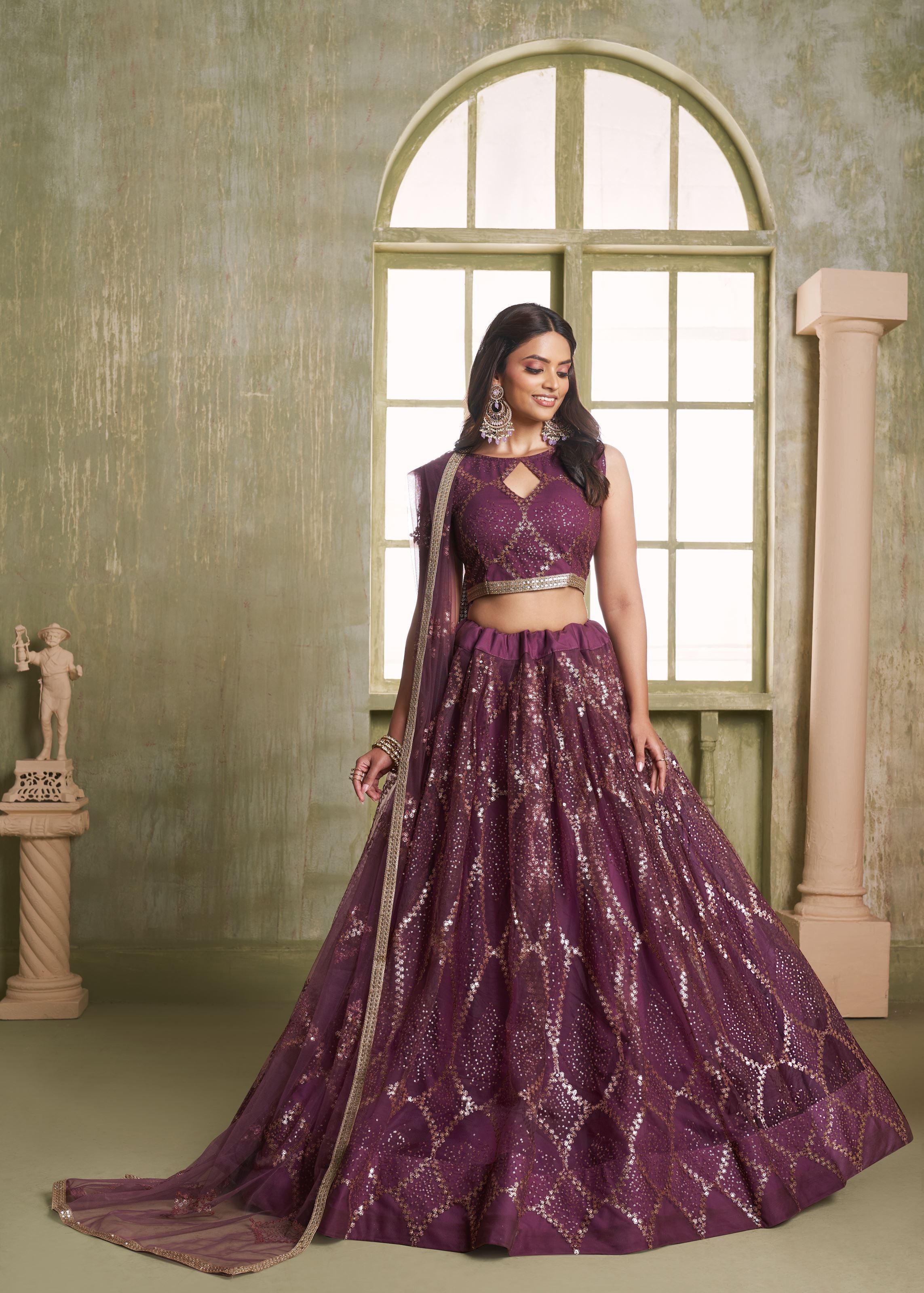 Wine Net Lehenga with Tone-to-Tone Zari Sequence Embroidery