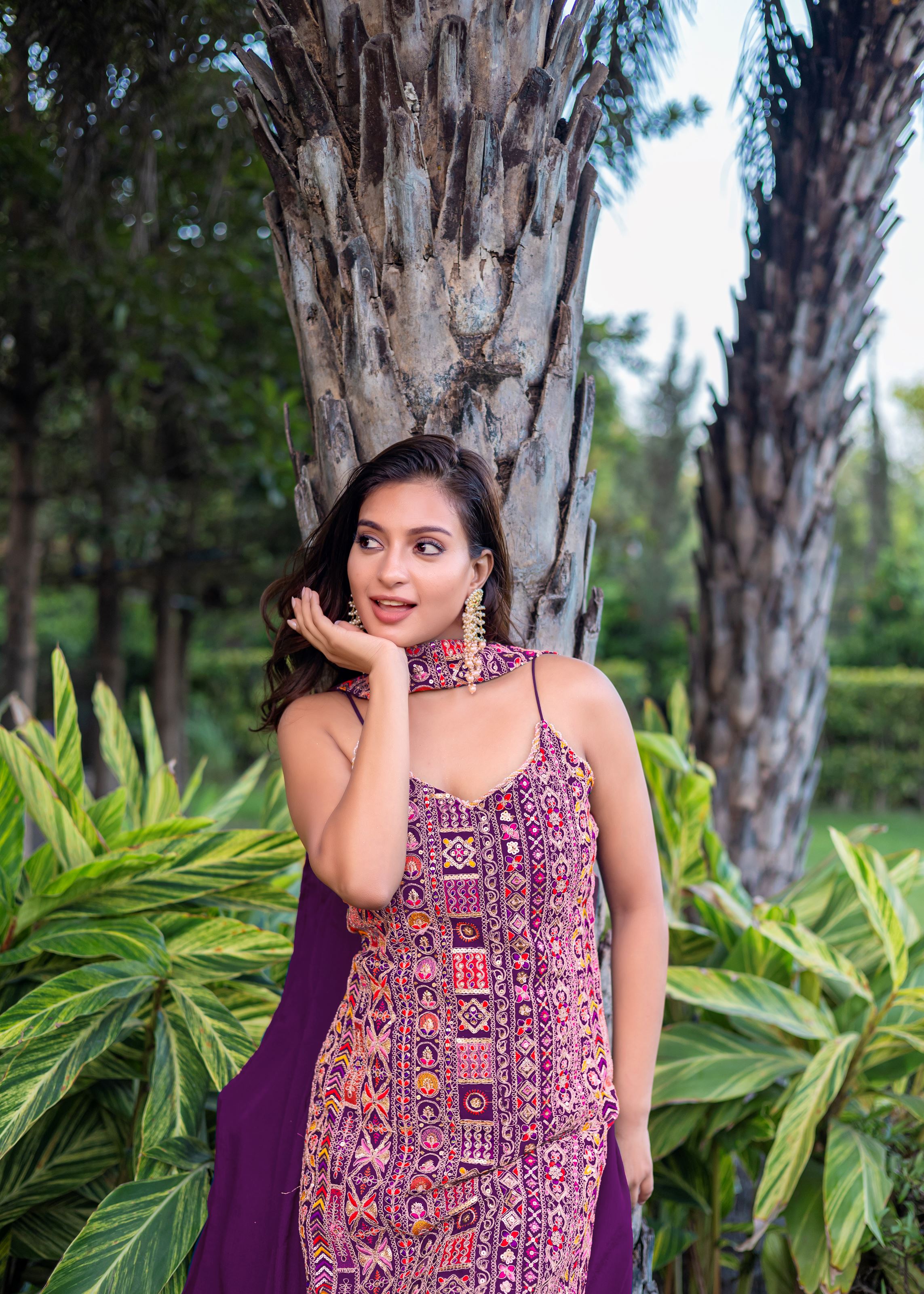 Wine Sharara Dress With Embroidery Work