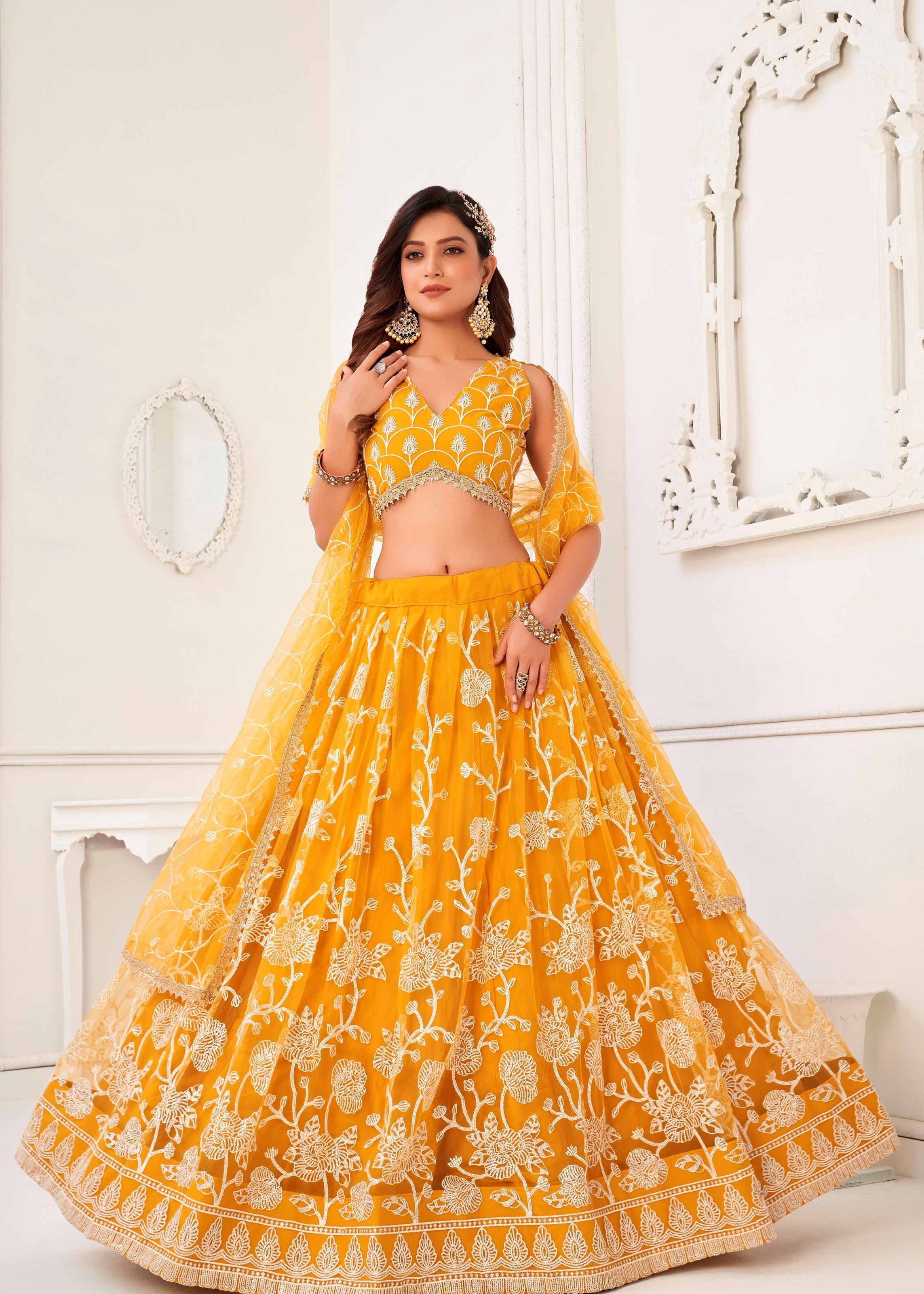 Yellow Butterfly Net Lehenga Choli With Embroidery And Sequins Work