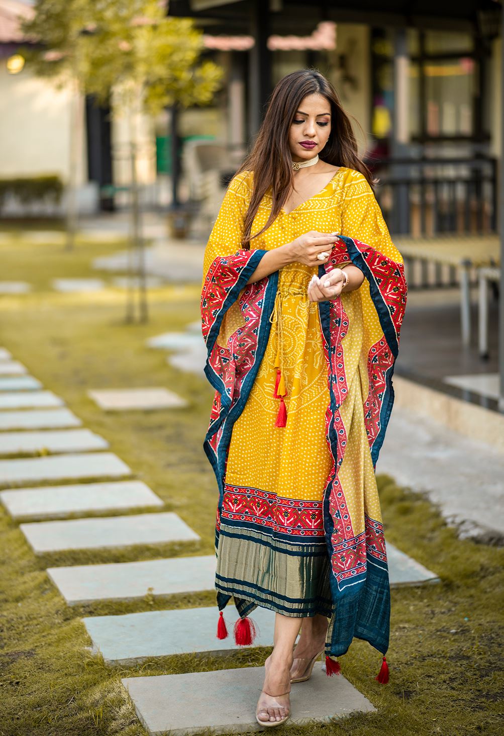 Yellow Color Pure Gaji Silk Kaftan with Gotta Patti Tassels