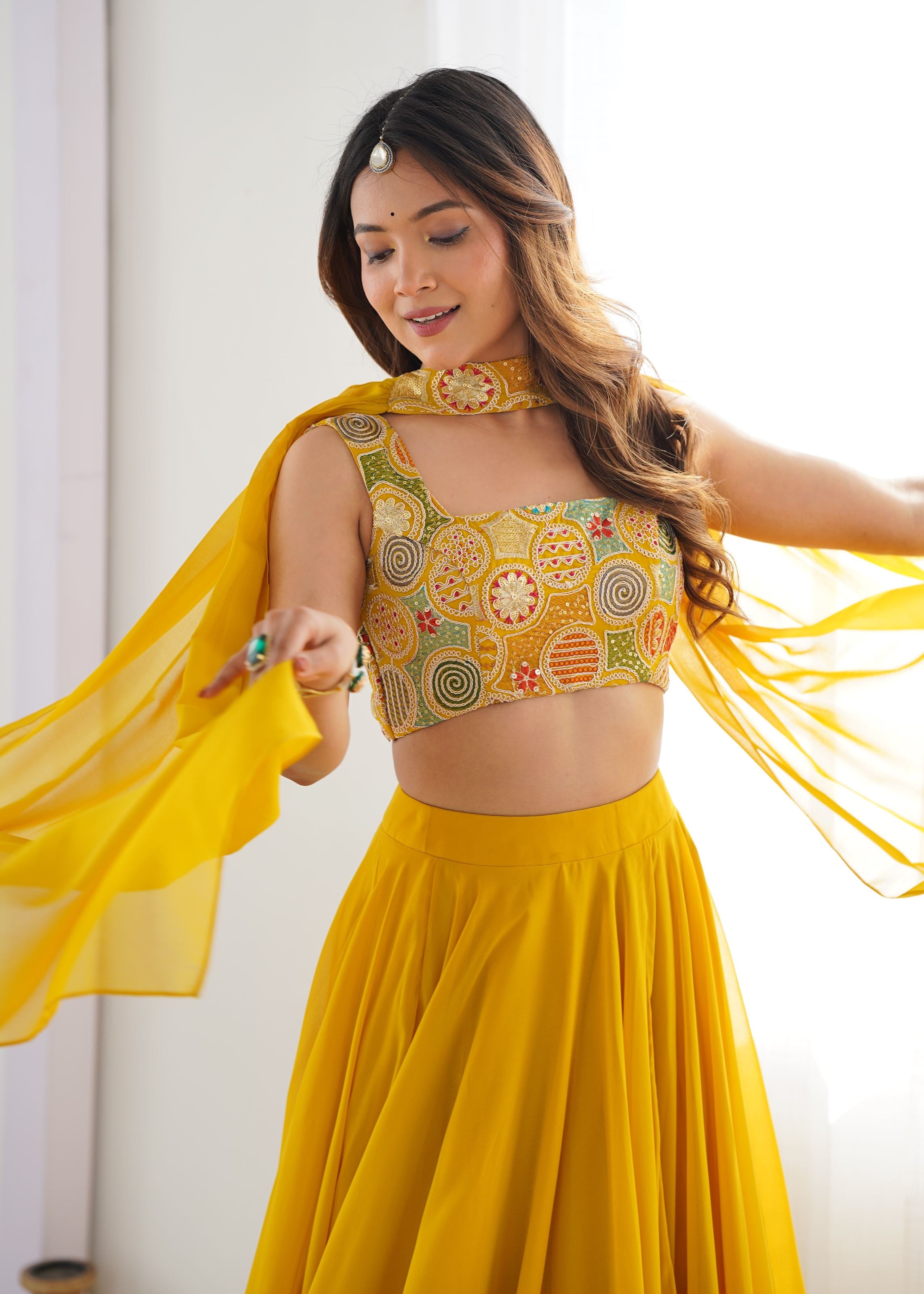 Yellow Georgette Lehenga with 9 Needle Thread Dori Embroidery