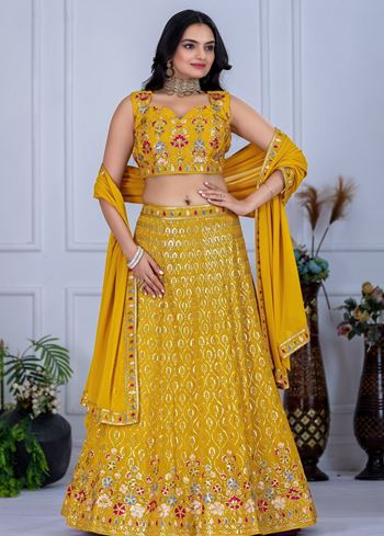 Yellow Lehenga Choli With Embroidery With Multi Thread Sequence Work
