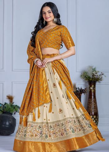 Yellow Lehenga Choli With Jacquard With Jari Lining With Print