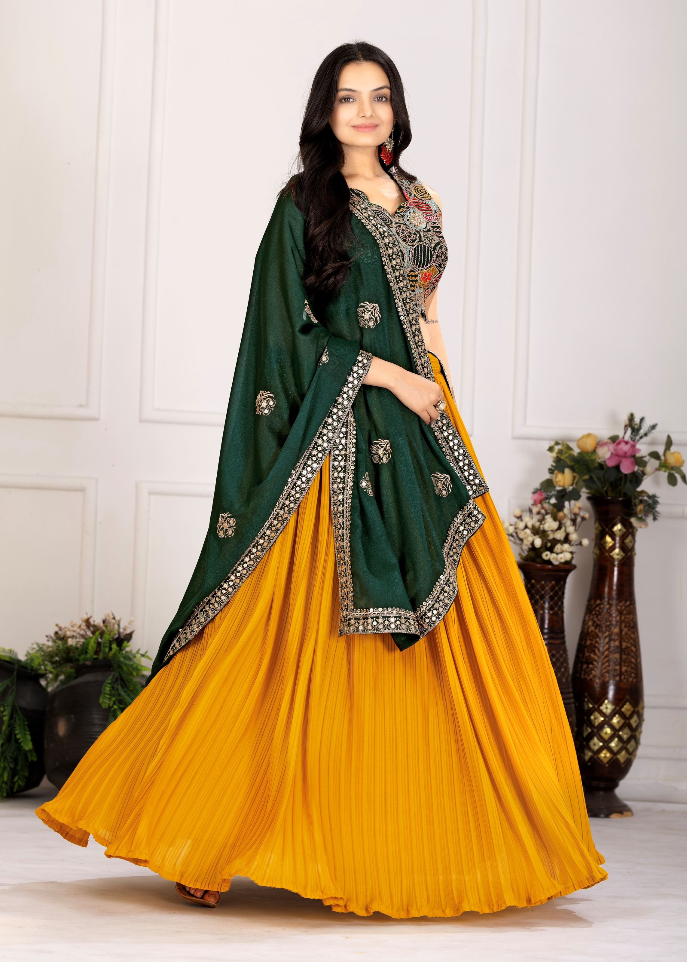 Yellow Lehenga Choli With Plain With Crease Work