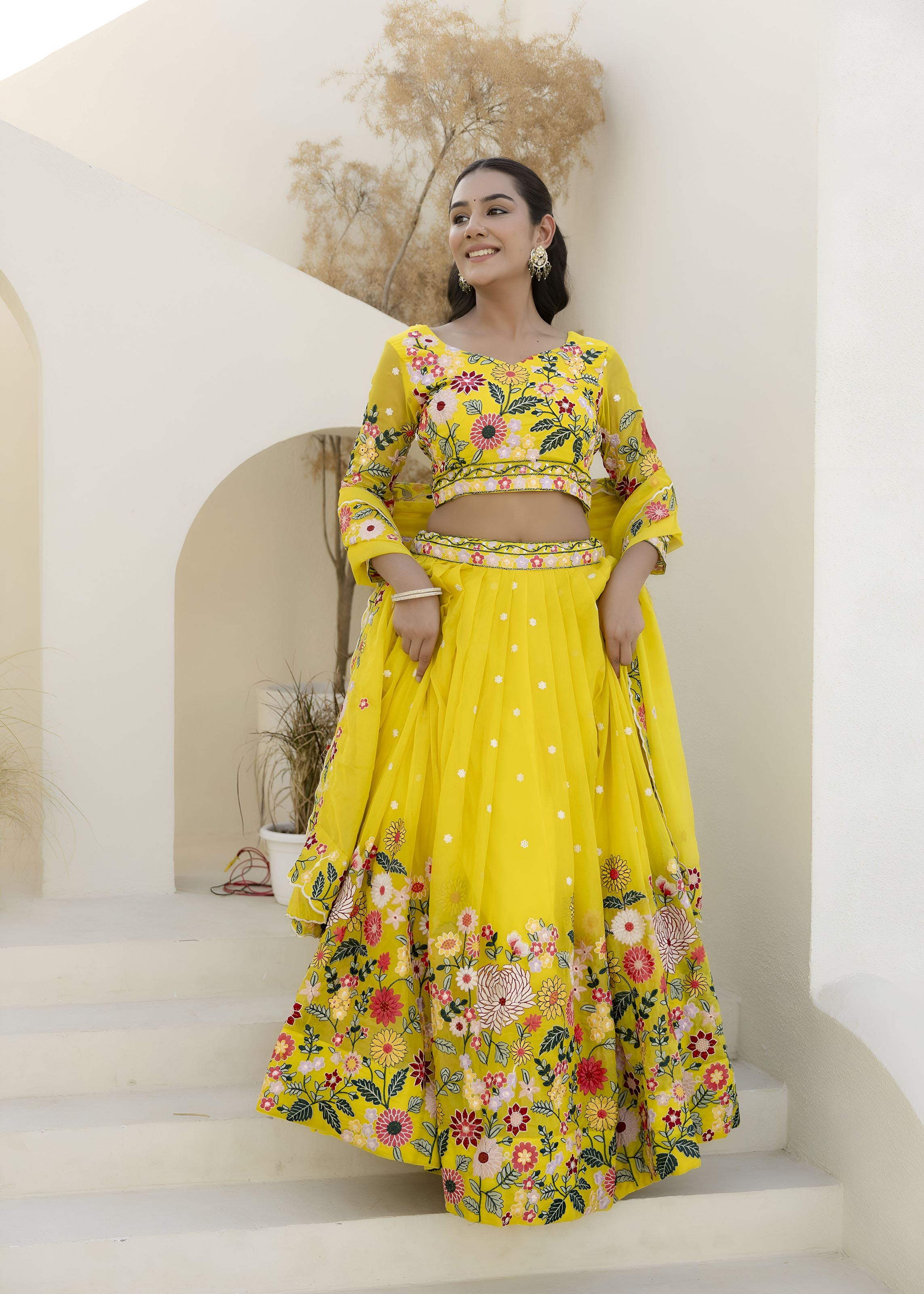 Yellow Lehenga Choli with Heavy Embroidery, Sequence work