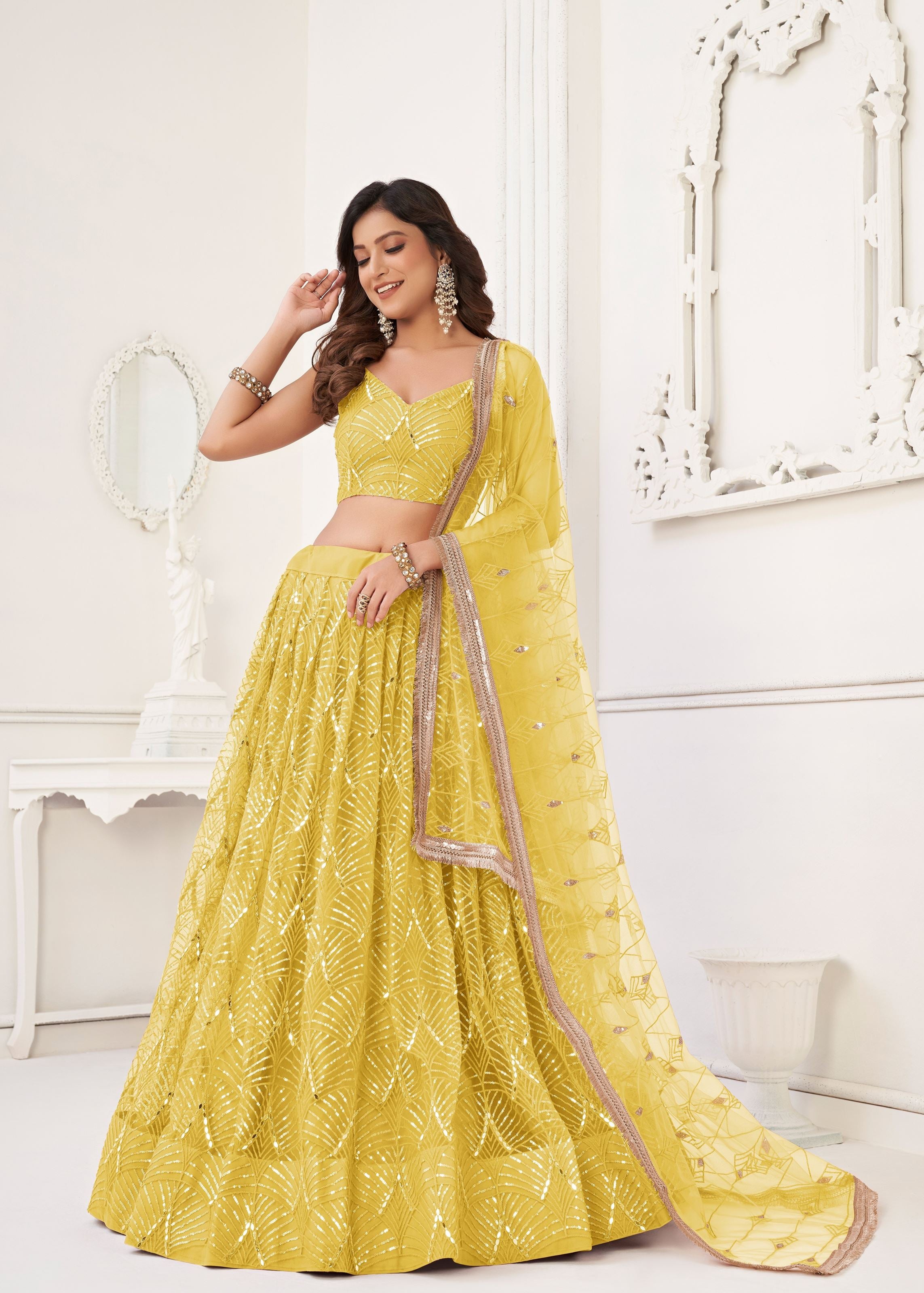 Yellow Net Lehenga Choli With Thread Embroidery Real Mirror Work