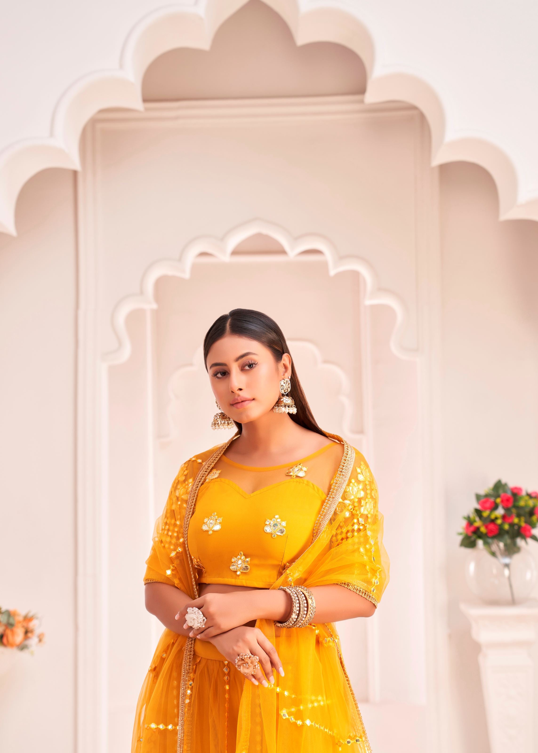 Yellow Net Lehenga Choli With Thread Embroidery Work