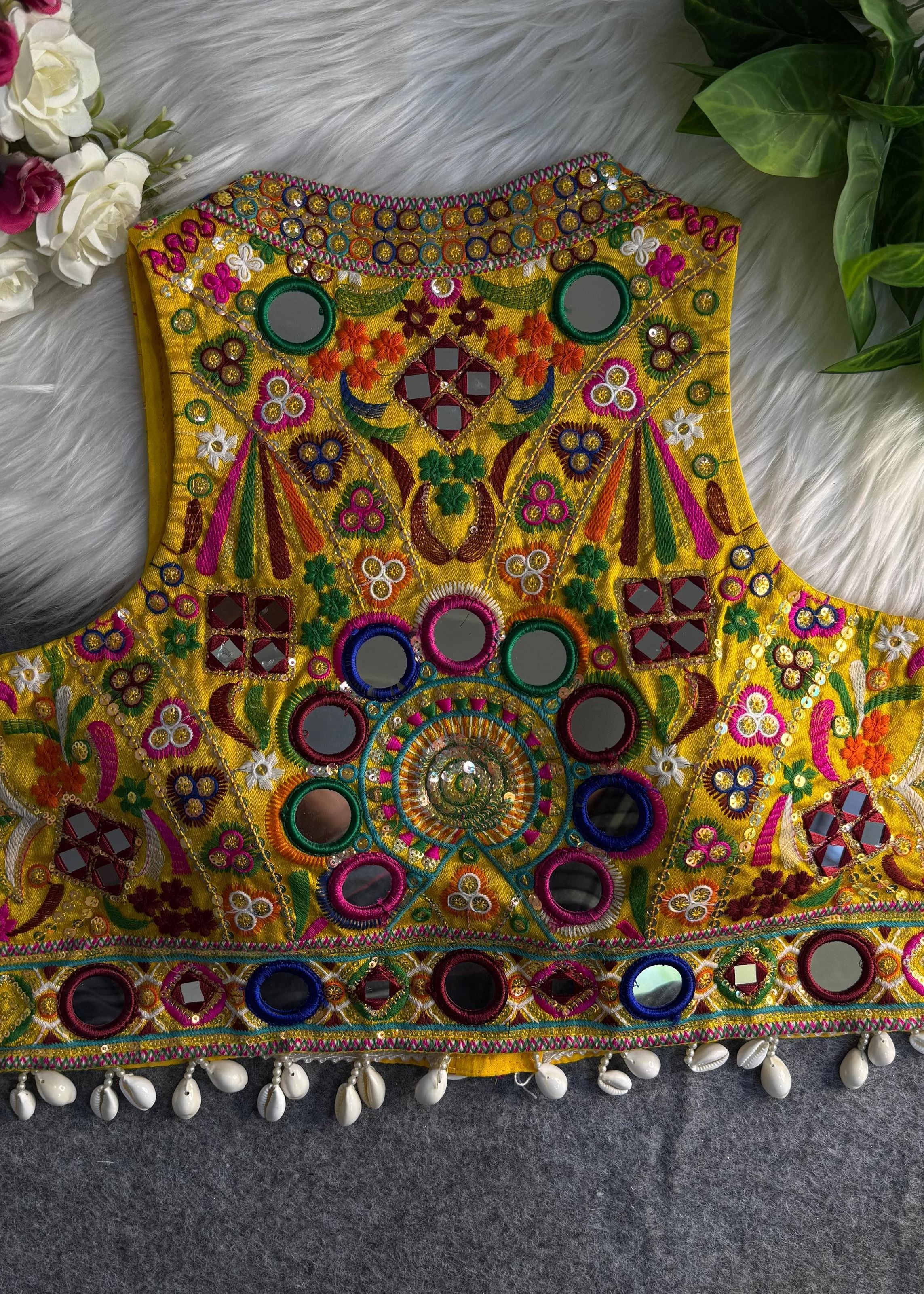 Yellow Round Neck Navratri Blouse with Gamthi Mirror Shell Work