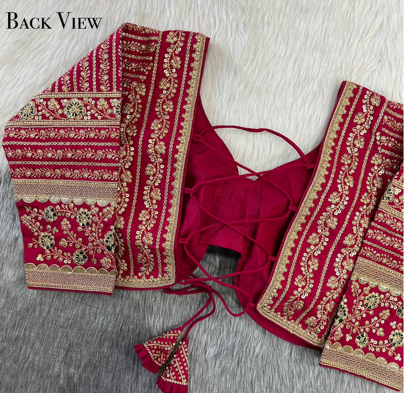 Maroon Beautiful Long Sleeves Backless Bridal Blouse With Embroidery Sequins Work