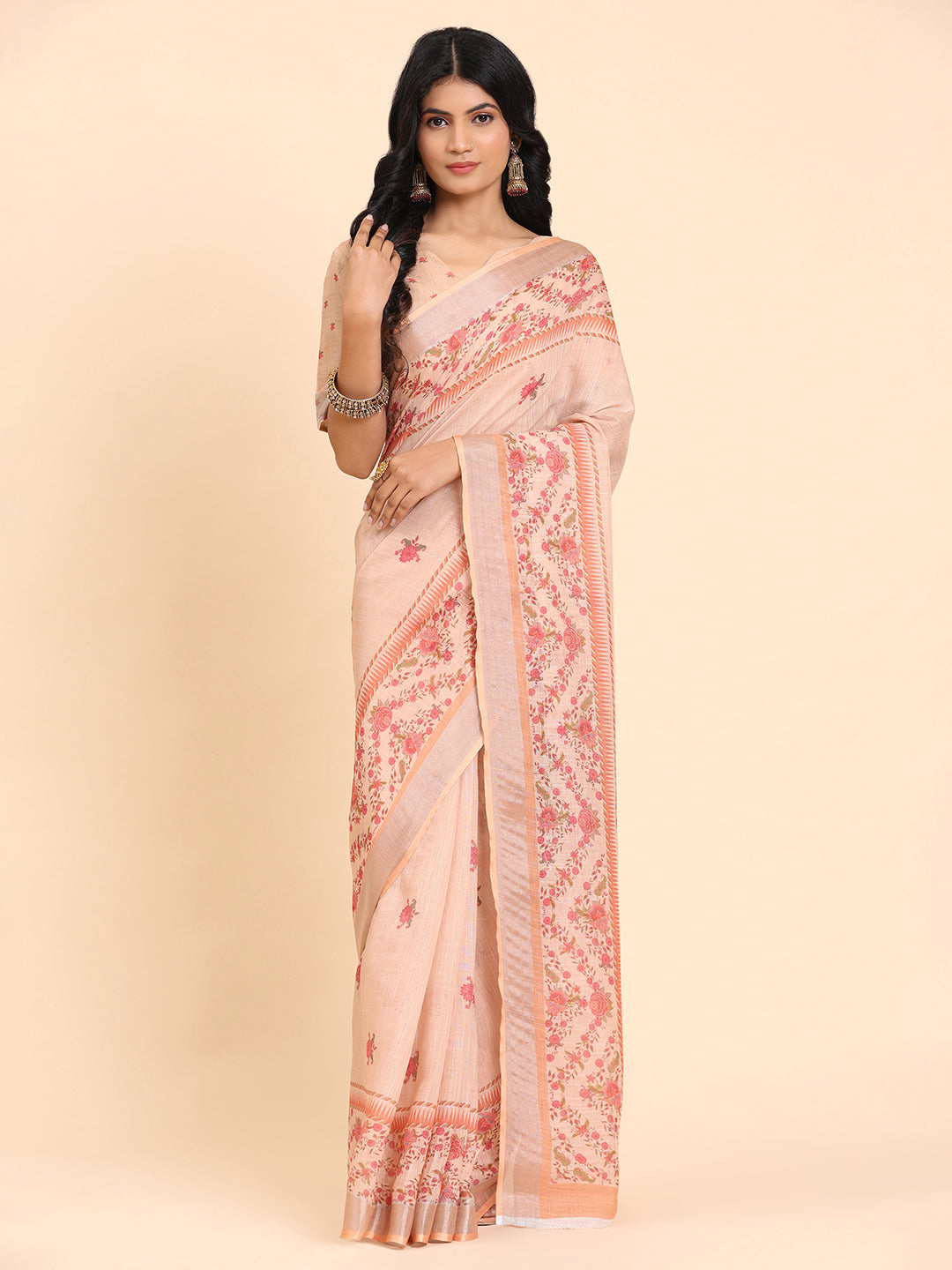 Peach Linen Soft Printed Saree For Women